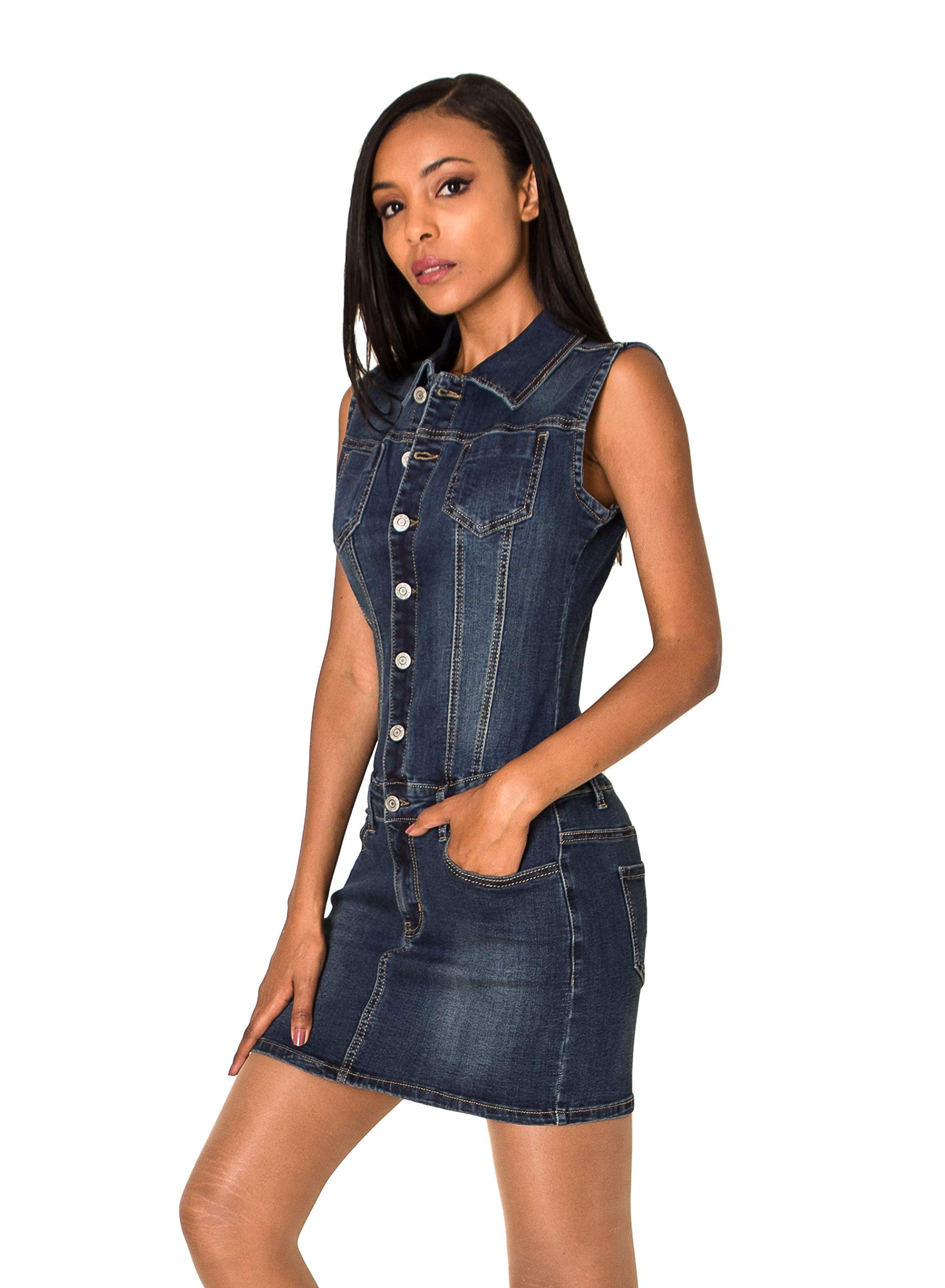 Nina Carter Damen Jeanskleid Kurzes Sommer Denim Kleid Slim Fit Jumpsuit-Kleid