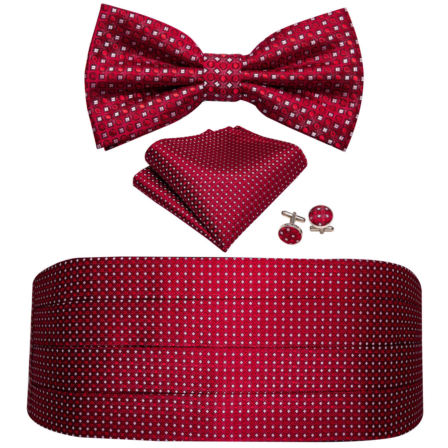 Barry.Wang Cummerbund - Juego de pajarita para hombre, gemelos cuadrados de seda, Punto rojo, Taille unique