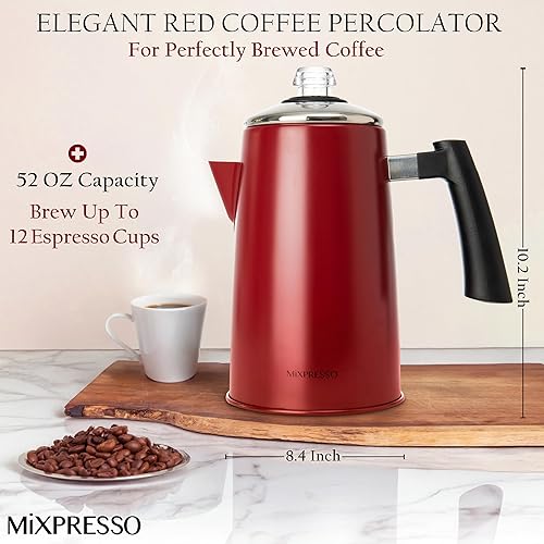 Miniatura 2 de Mixpresso Percolador de café rojo de acero inoxidable, cafetera clásica de 52 onzas, ideal para olla de campamento, cafetera de 12 tazas, mango frío