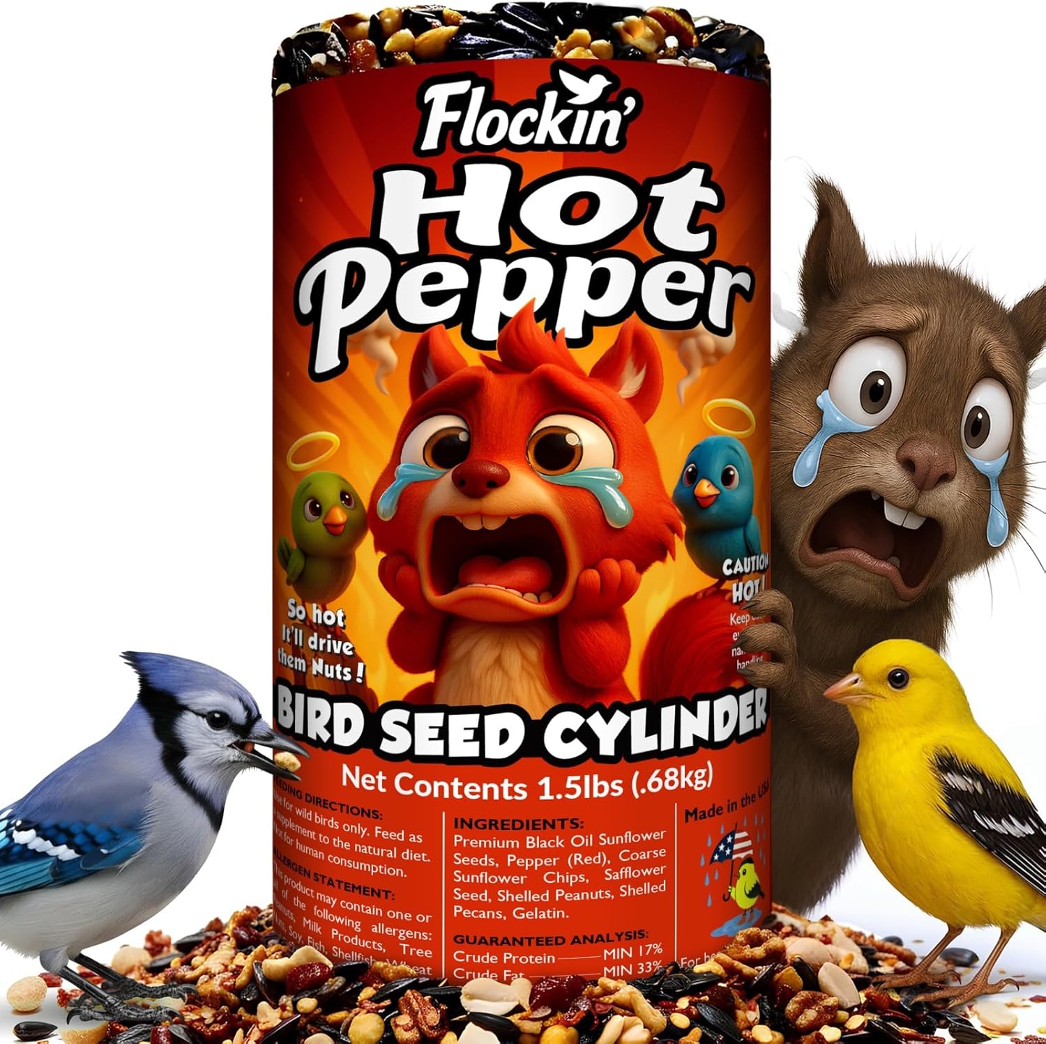 Flockin’ Hot Pepper Bird Seed Cylinders with Hole – Squirrel Proof Spicy Bird Seed – Perfect for Cardinals, Woodpeckers, Blue Jays & More – Wild Hot Birdseed with No Filler – USA Made (4″ x 7.75″)