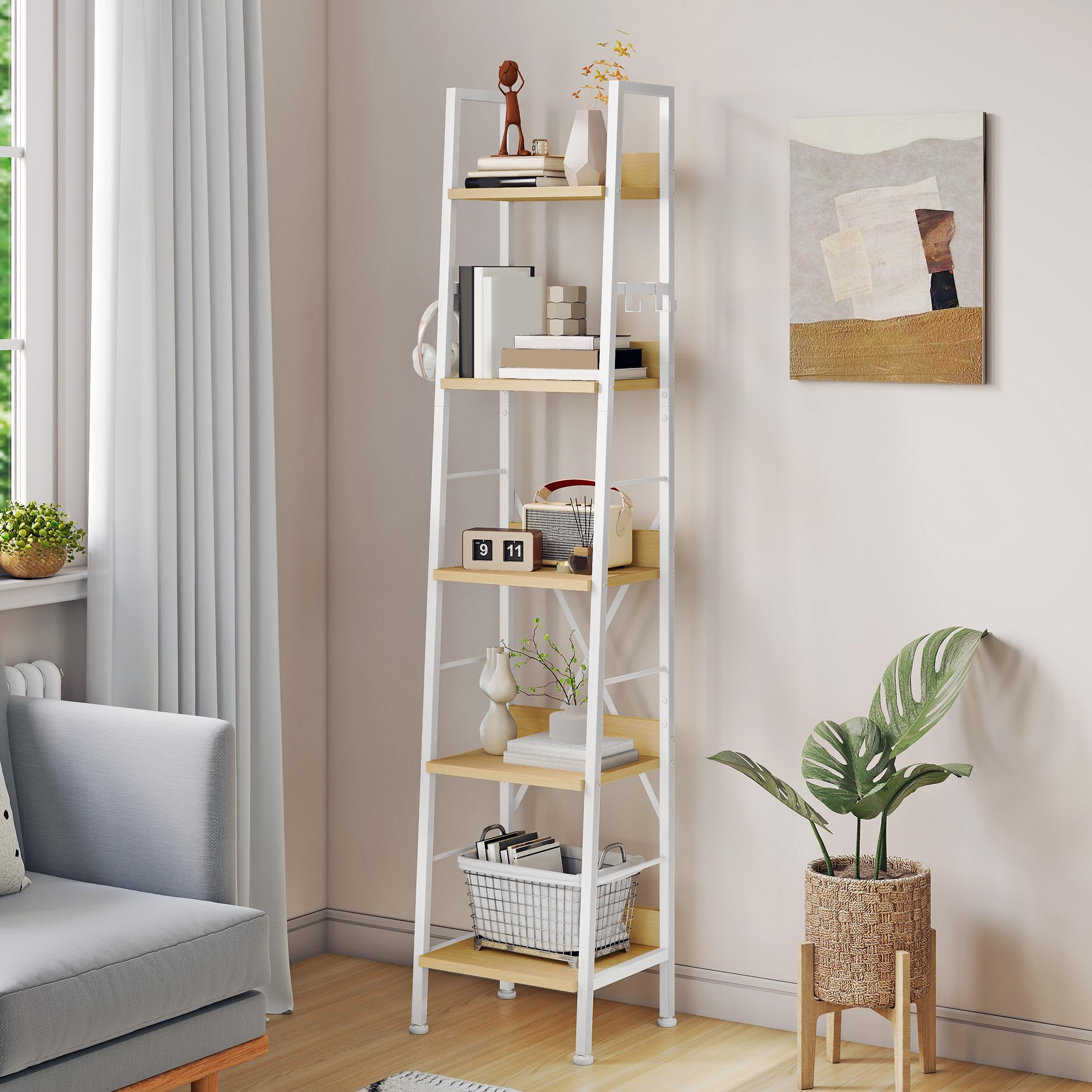 YITAHOME Slim Bookcase with 5 Levels, 35 cm Wide, Industrial Ladder Shelf, Standing Shelf, Wooden Shelves and Metal Frame, Modern Shelf for Living Room, White and Oak
