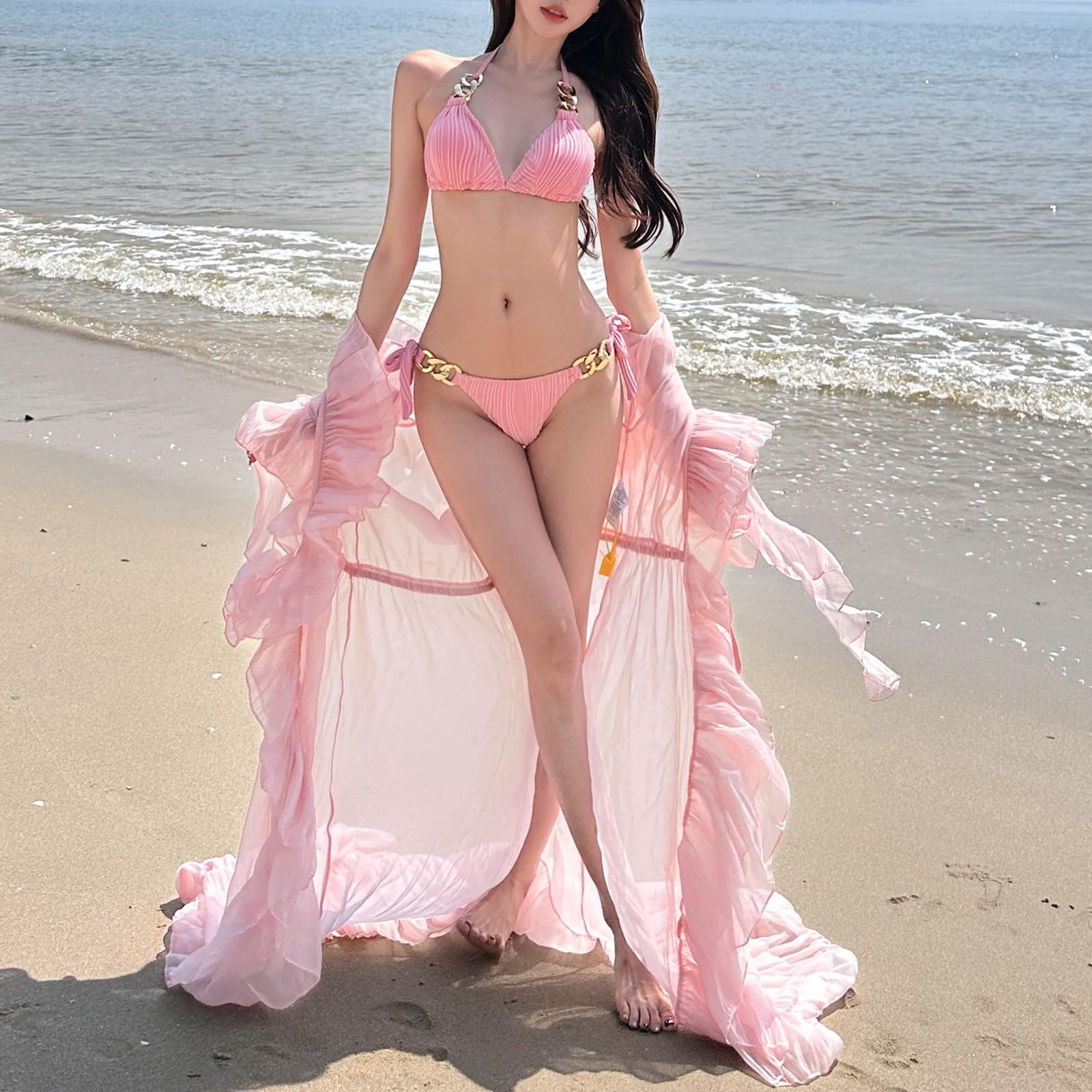 Costume da Bagno da Donna In 3 Pezzi - Bikini Sexy con Plissettatura Lacci e Copricostume In Rete Trasparente