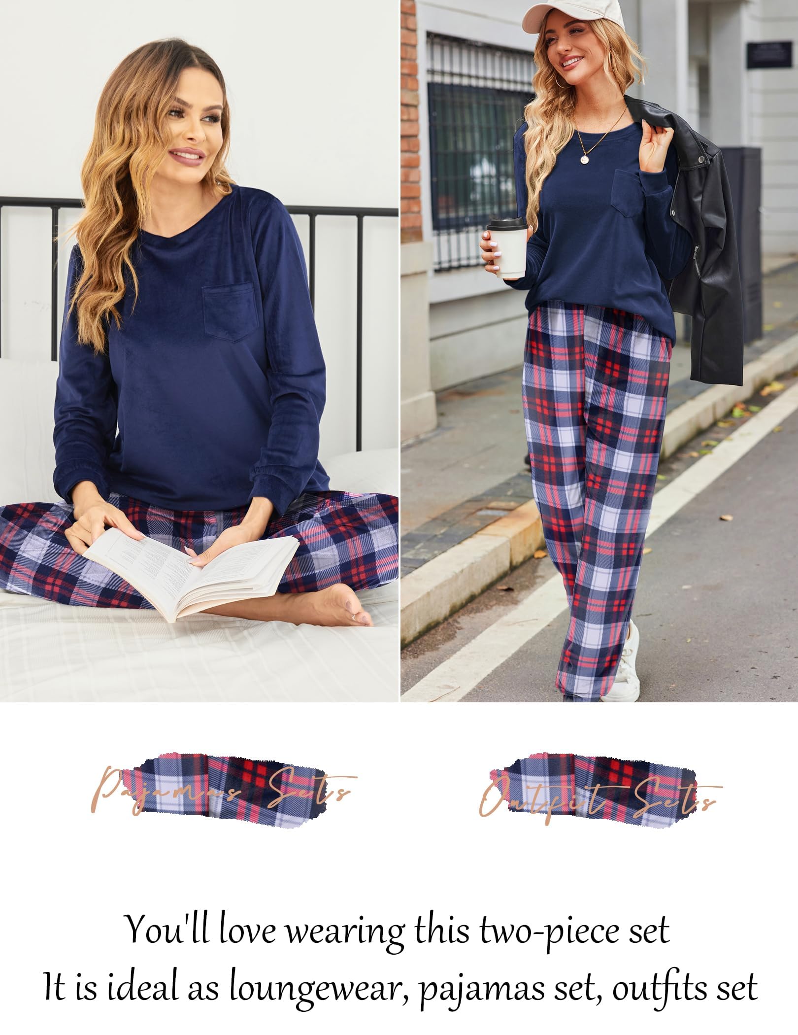 Ekouaer Ensembles de Pyjamas pour Femmes Ensemble de Loisirs en Velours à col Rond Long Ensemble de Pyjama d'hiver Costume de Maison Décontracté Chaud avec Poches