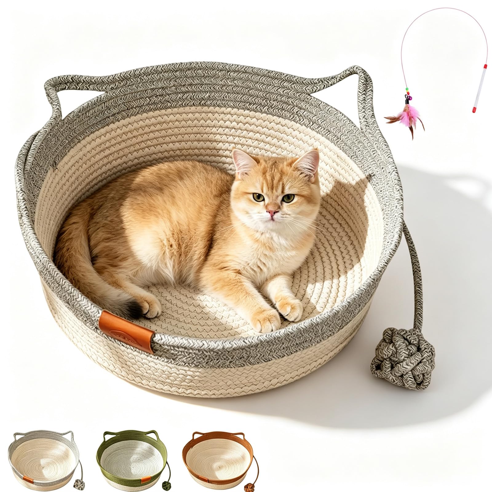 Handwoven Cotton Rope Cat Basket Bed, Breathable All-Season Instinct Basket for Cats with Toy Tail and Ear Design, Scratch-Resistant Stimuli Cat Basket, Portable Wicker Cat Bed Alternative (B-S)