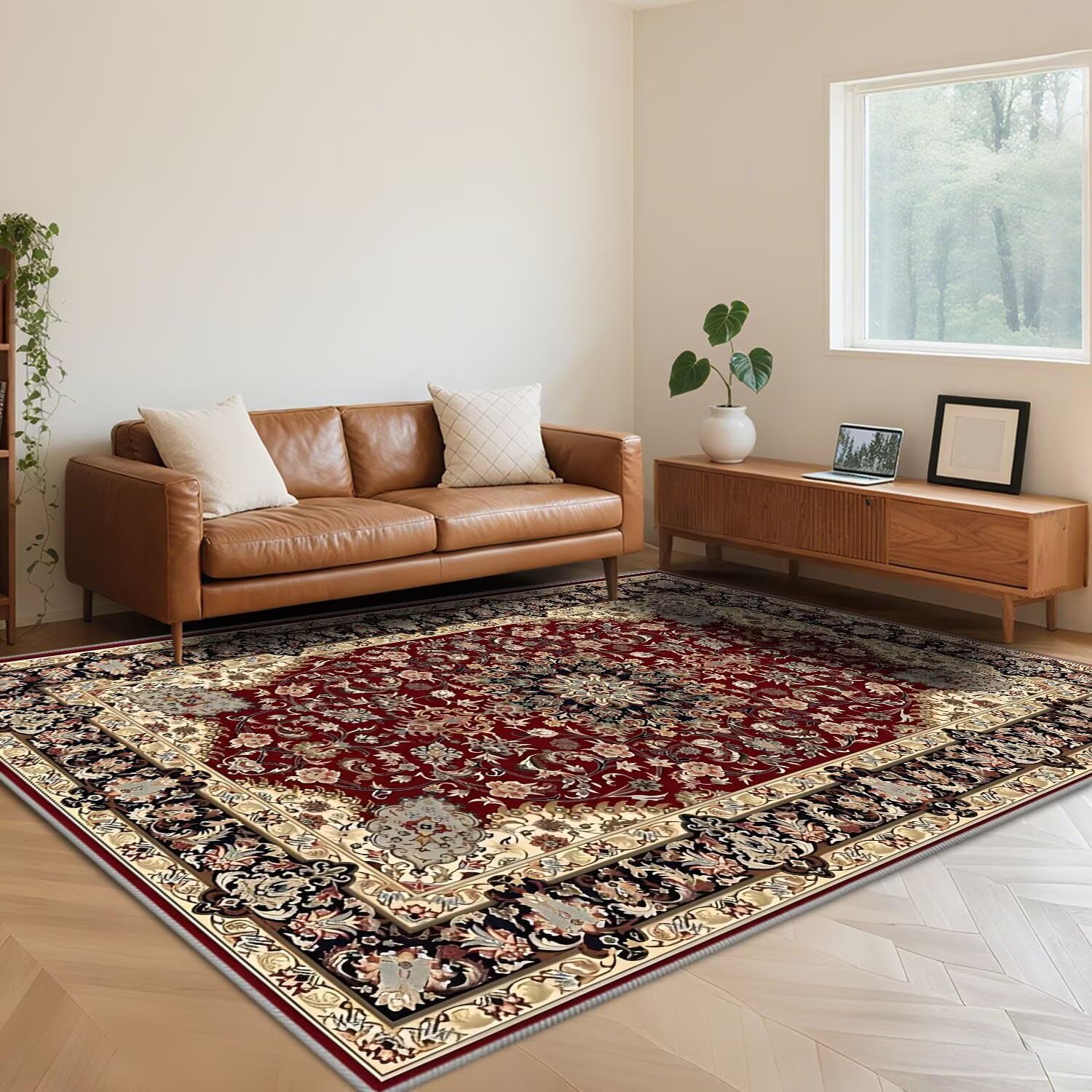 Tapis antidérapant de salon rouge vintage lavable pour enfants et animaux
