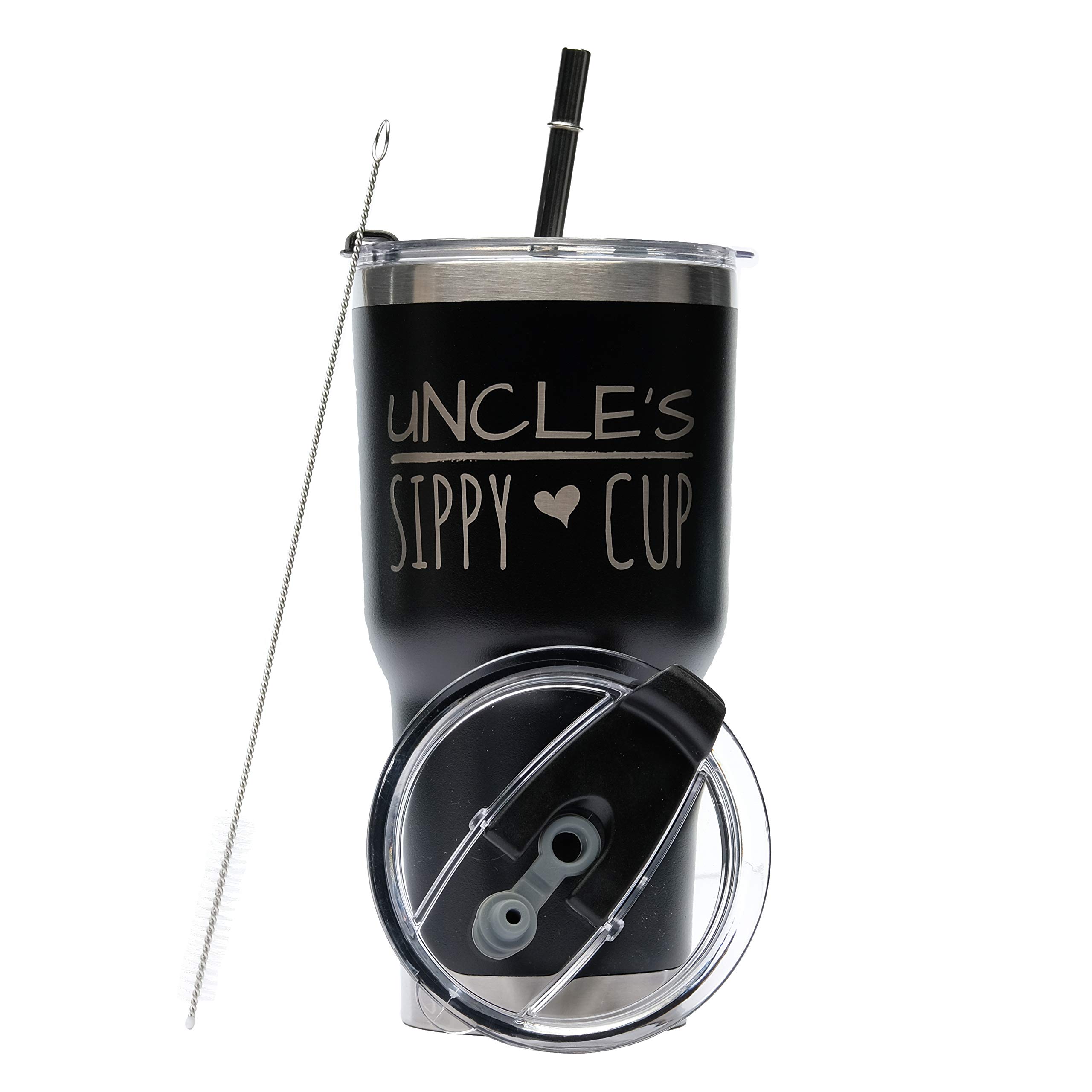 Greatness Line Uncle's Sippy cup 30 oz. Black SS Tumbler Value Pack with 2 Lids and Extra SS Straw - Ideal Gift for Soon to Be Uncles - Powder Coating and Laser Engraved