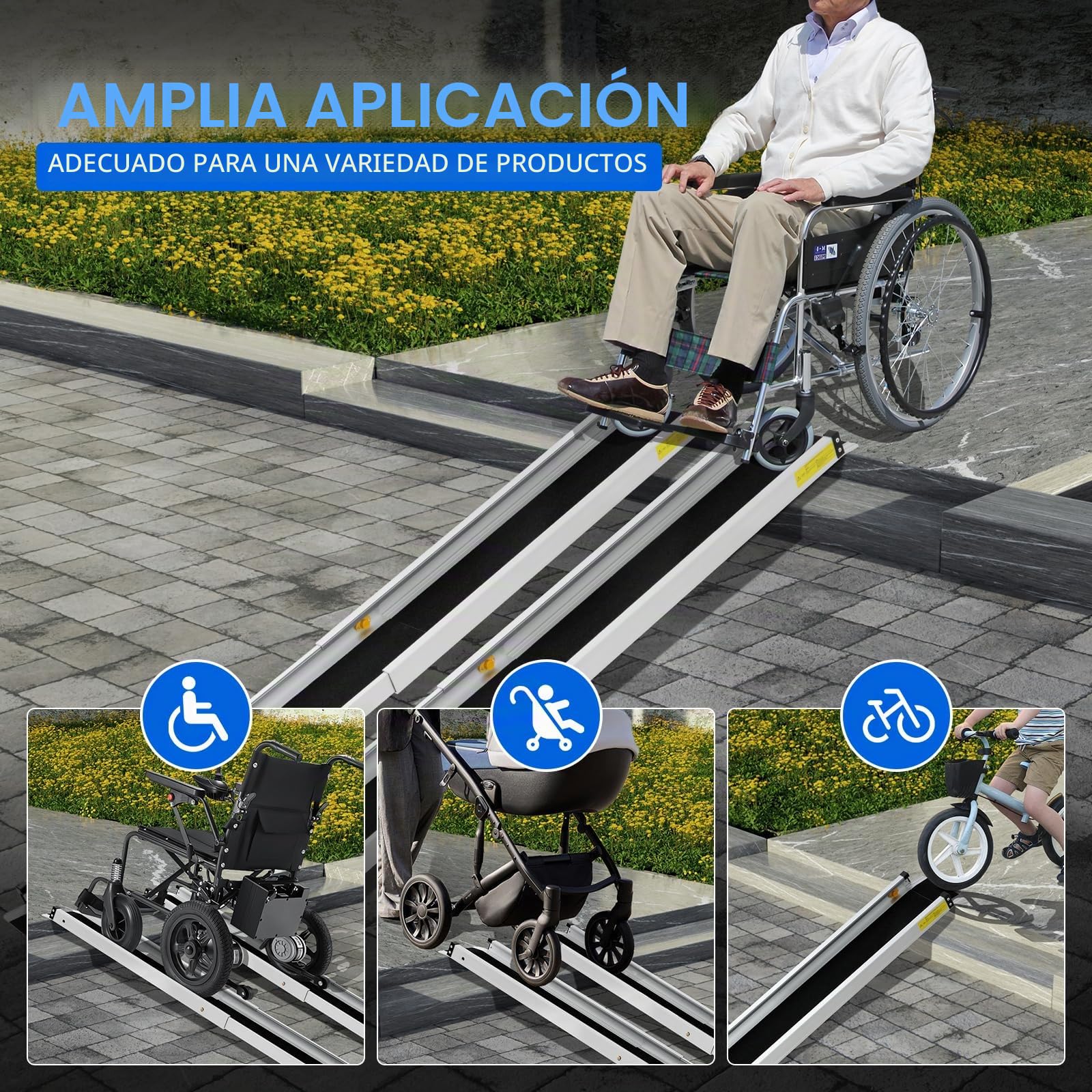 2 PCS Rampa para Silla de Ruedas, Rampa de Acceso de 90-152 cm, Capacidad de Carga de 272 kg, Rampas de Acceso Telescópicas de Longitud Ajustable para Sillas de Ruedas Antideslizantes