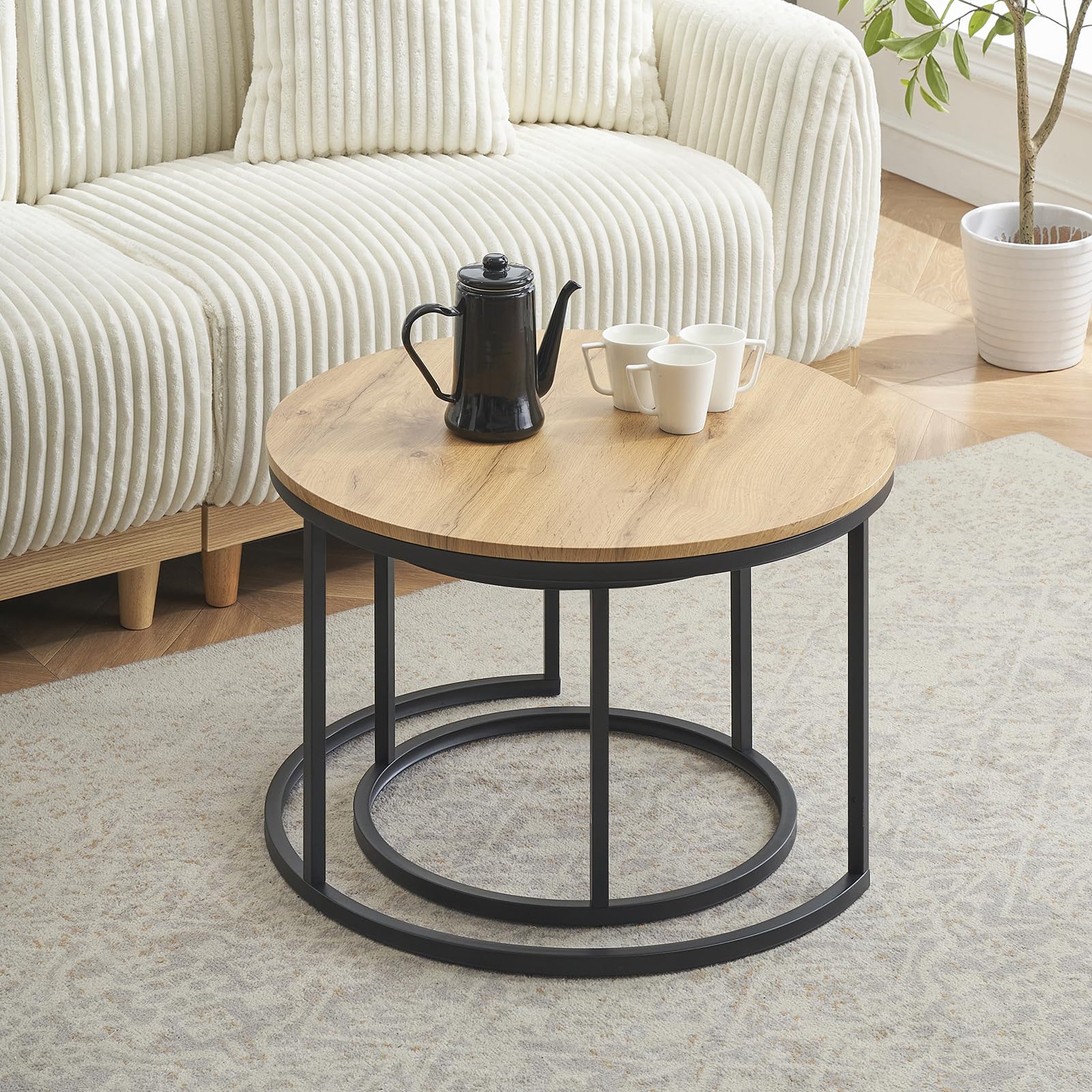 Mesa Auxiliar Sofa con Marco Negro, Juego de 2 Piezas para la Mesa de Centro Redonda, Coffee Table con Efecto de Grano de Madera, Mesa Centro Madera Modernas