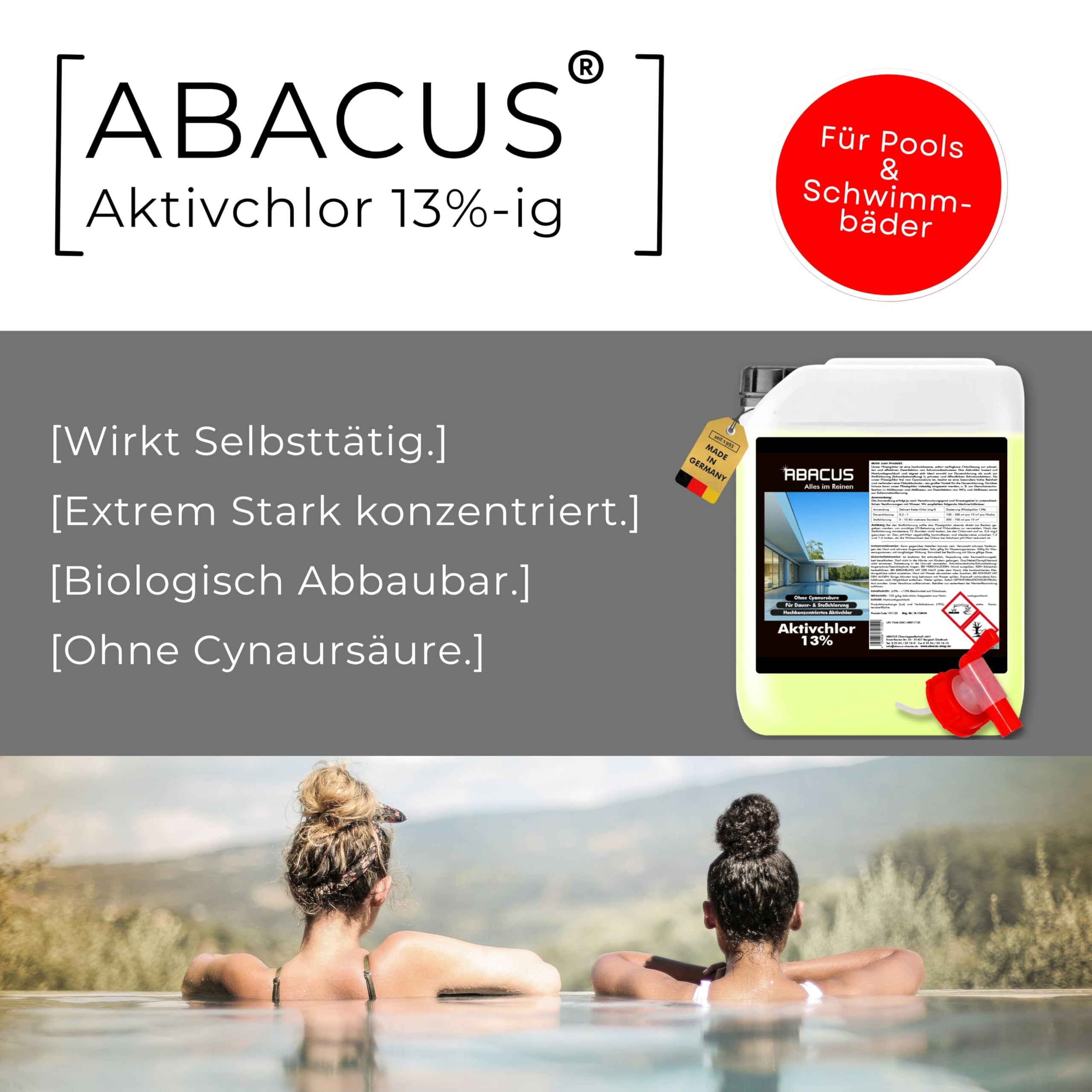 ABACUS® Flüssigchlor 13–15 % | 5L Kanister | Poolchlor zur Desinfektion von Pool & Schwimmbad | Hochwirksames Aktivchlor für klare Wasserqualität | Für Dauerchlorung und Stoßchlorung