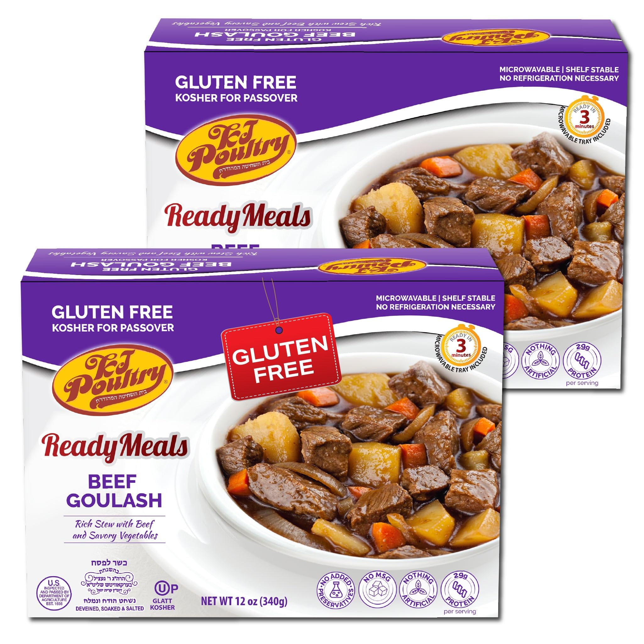 KJ PoultryKosher for Passover Gluten Free Meals, Beef Goulash Stew with Vegetables (2 Pack) Prepared Entree Fully Cooked, Shelf Stable Microwave Dinner, Travel, Military, Camping, Emergency Survival