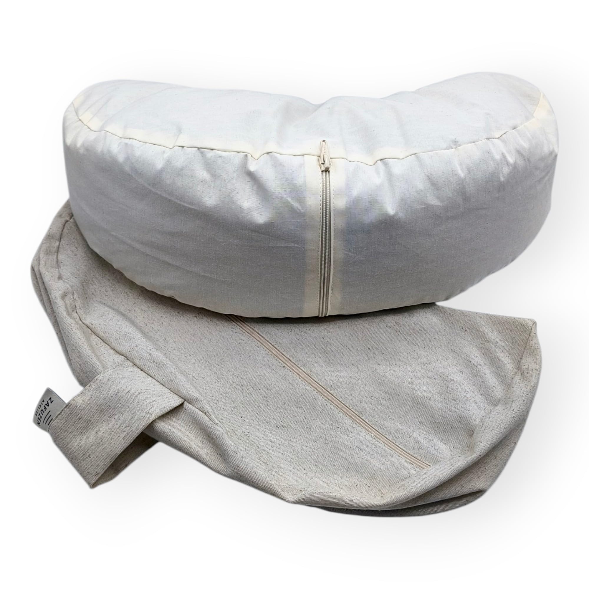 Zafú Media Luna para Yoga, Cojín de Meditación – Sand | Cojín zafú ergonómico de algodón, relleno de cáscara de trigo sarraceno y funda lavable. 40 × 14 cm. Hecho en España.