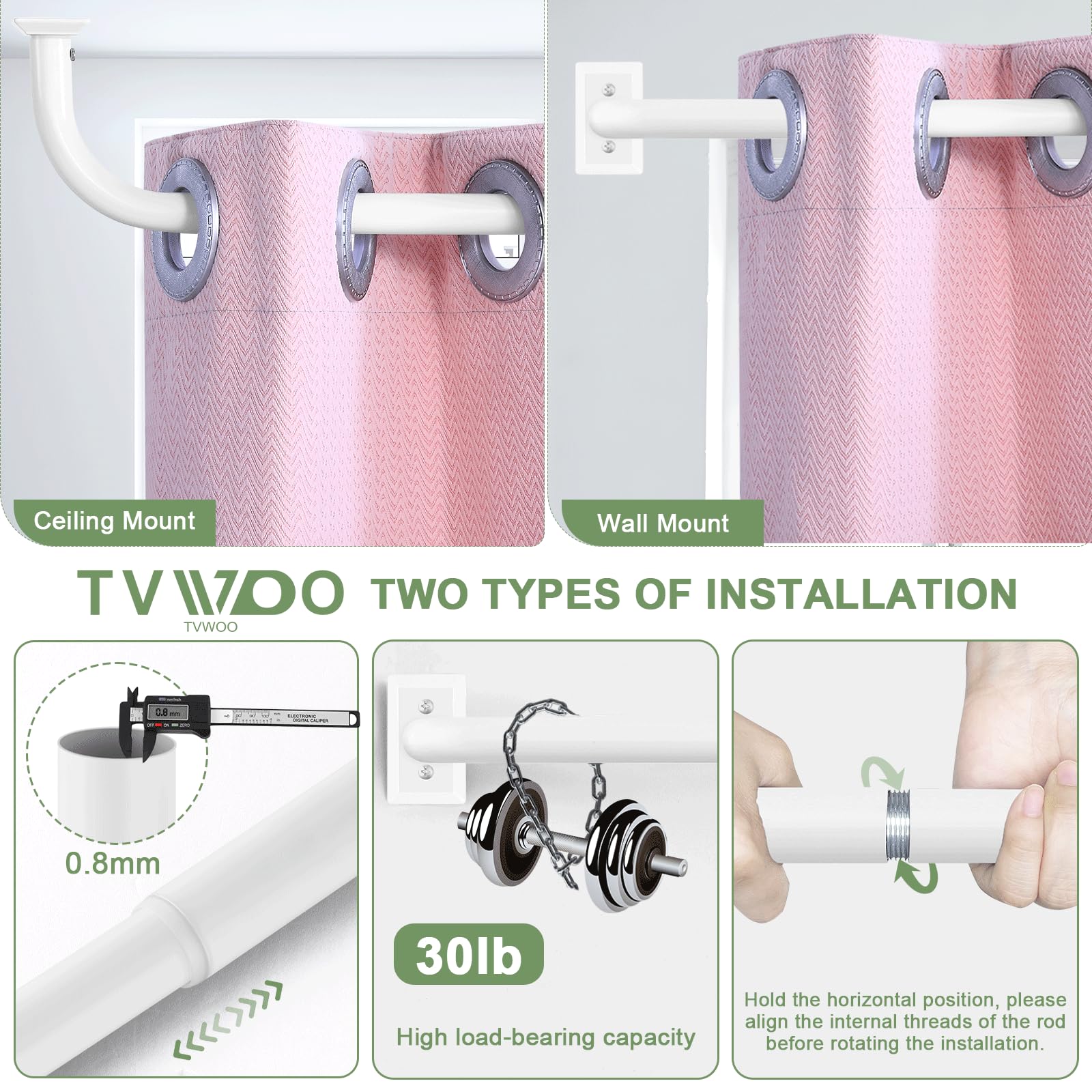 TVWOO Weiße Gardinenstangen zum Umwickeln, 121,9 bis 228,6 cm: verdunkelnde, verstellbare Fenstervorhangstange, Raumverdunkelung, strapazierfähig, gebogen, französisches Metall, einzelne