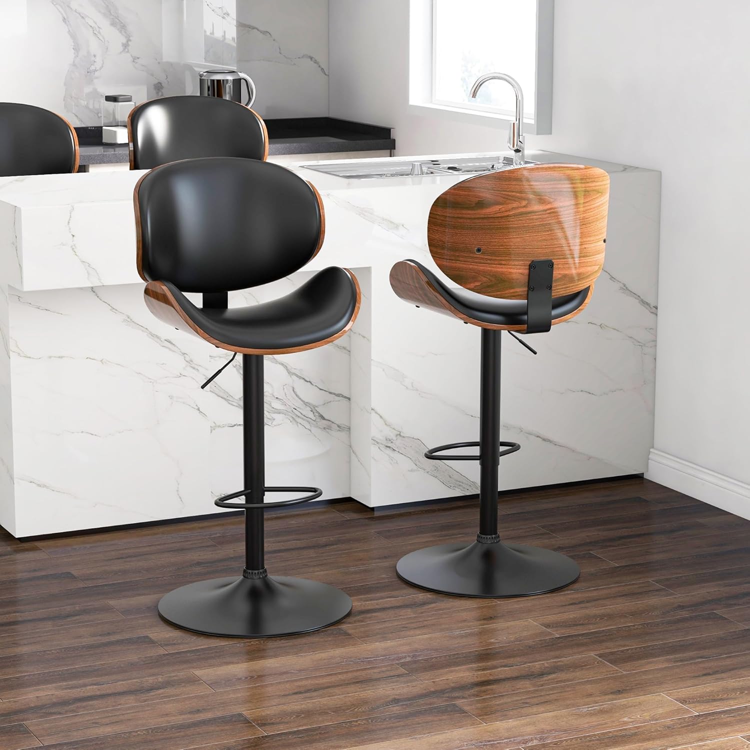 Adjustable Swivel Bar Stools 1 PC, Modern Bentwood Barstool with Large Metal Base and Footrest, PU Leather Upholstered Bar Chair with Curved Back for Kitchen Island Dining Room, Black