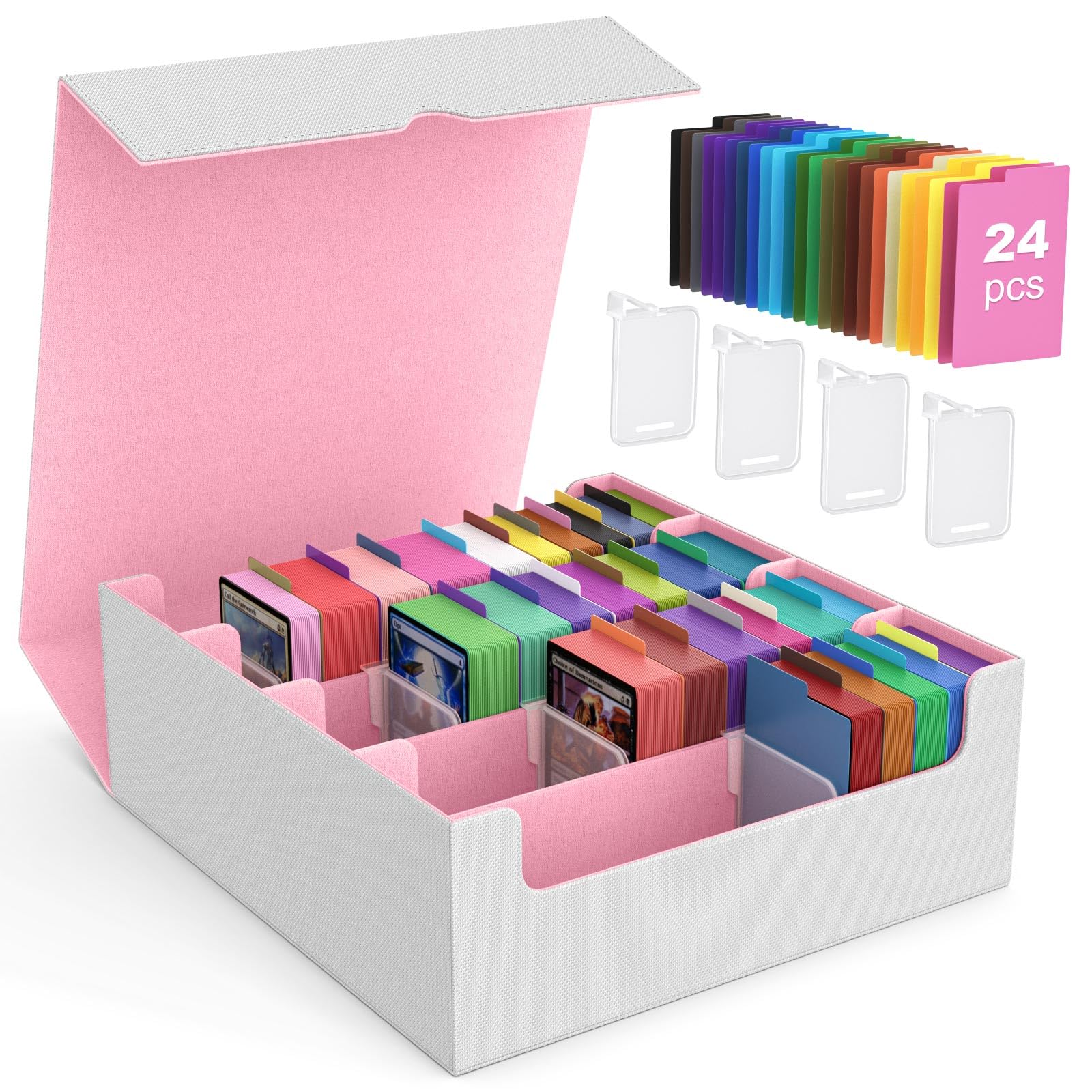 Moko White Pink Trading Card Storage Box, 3000+ Mtg Deck Box With 24 Colorful Dividers & 4 Card Supporters, Commander Card Deck Case Fits For Magic Game Cards, Yugioh, Tcg, Ptg And Sport Cards, White+Pink