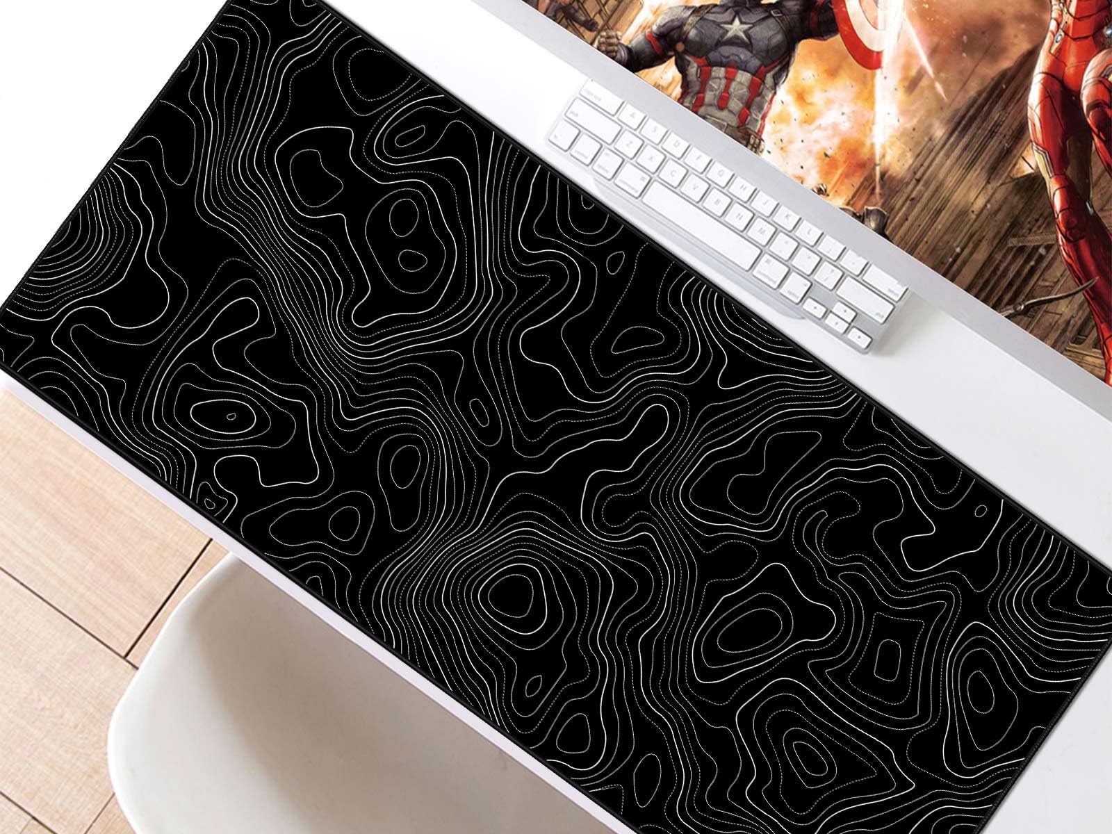 JIALONG Tappetino Mouse Gaming, Grande Mouse Pad XXL Confortevole, Lavabile, Antiscivolo Tappetino Scrivania Supporto per Computer, PC e Laptop - Topografico Nero