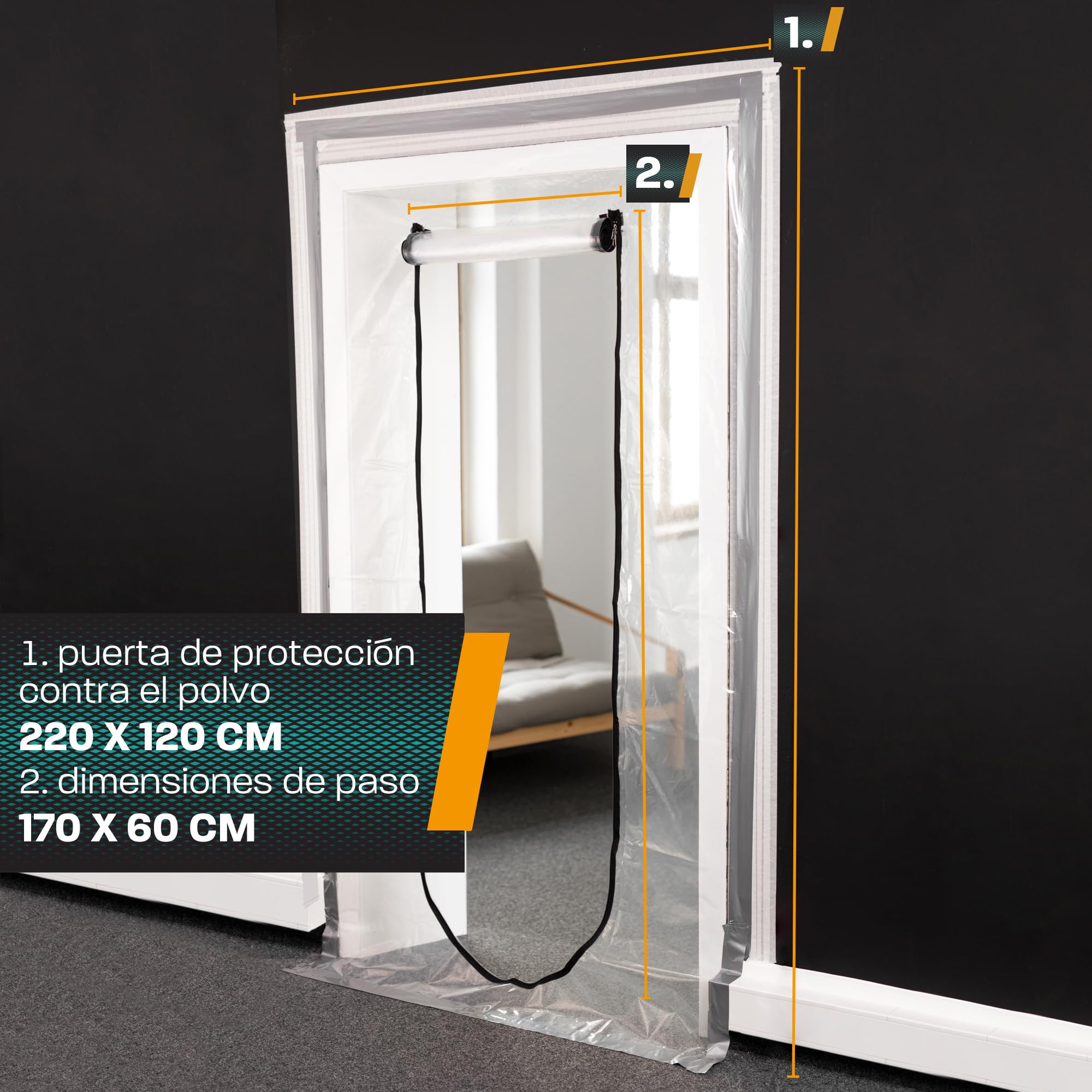 Hinrichs 2 protectores para puerta con cremallera, 220 x 120 cm, para puerta de construcción, transparente, con cremallera, lámina protectora para pintor, protección contra el polvo y la suciedad