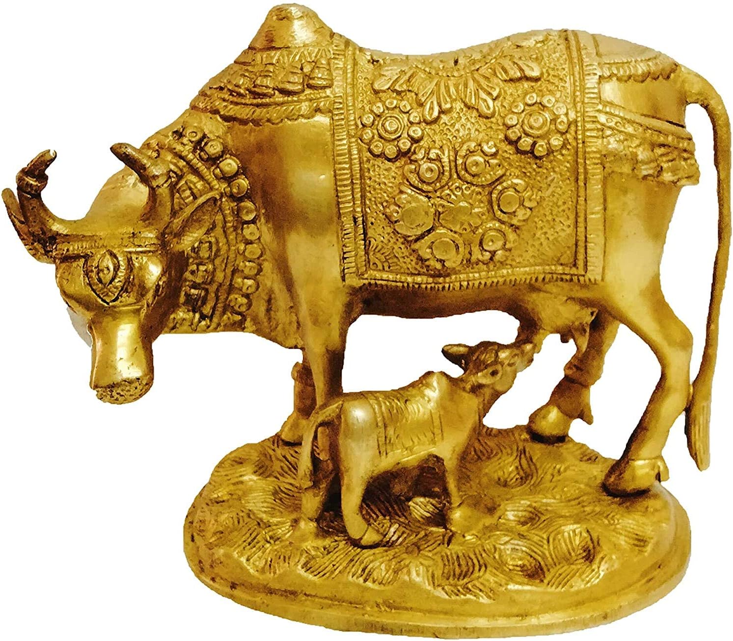 Brass Statue Kamdhenu Cow with Calf Nandi Idol Kamadhenu Golden
