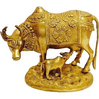 Brass Statue Kamdhenu Cow with Calf - Nandi Idol - Kamadhenu Golden Color Cow and Calf Set - Brass Idol - For Good Luck Prosperity Gift Home Decor Sculpture Statue - 4 Weight -