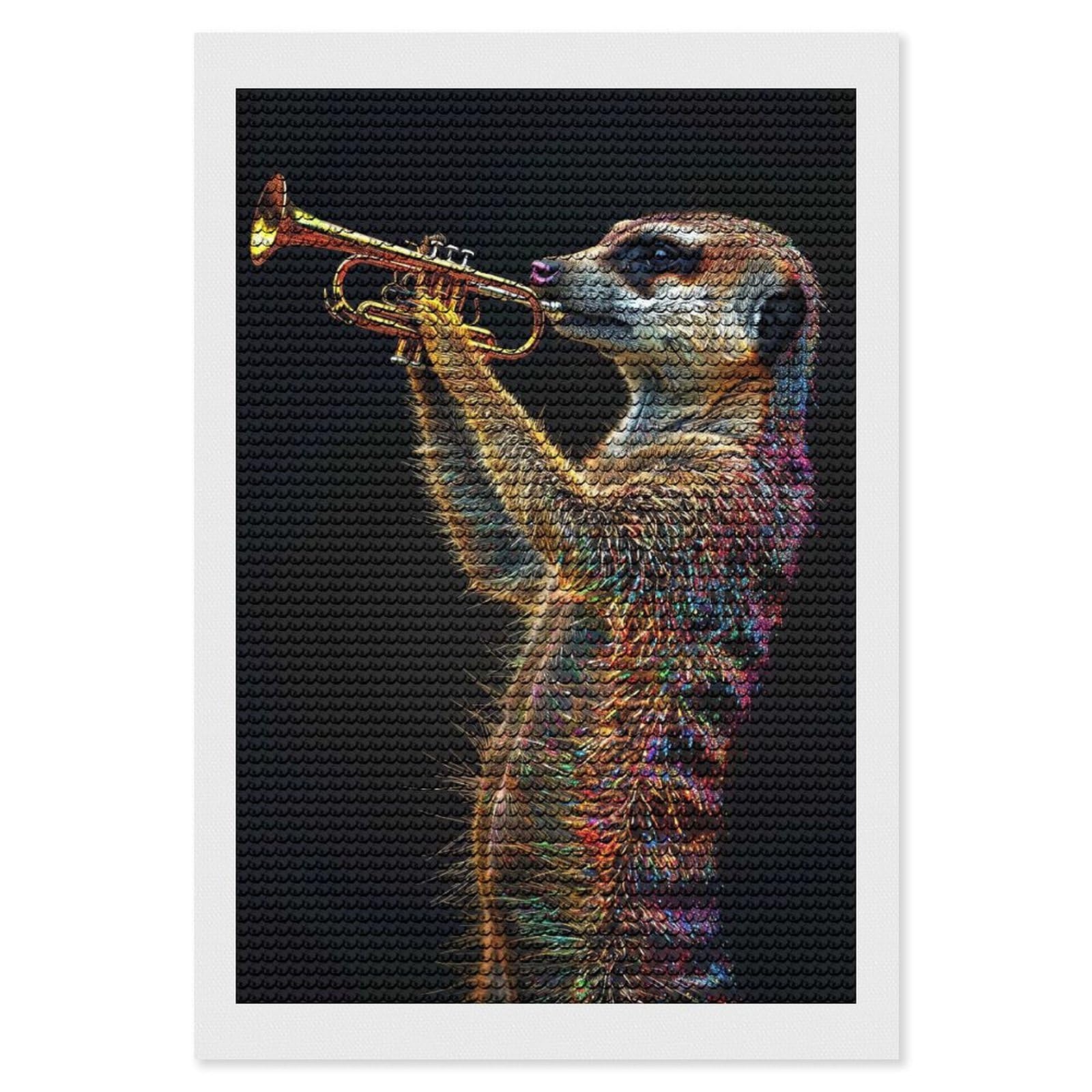Junmoney Meerkat Trumpet Diamond Painting Set 8"x12", Full Kit Included, Sparkling Round Gems, Farmhouse Decor, Festive Craft Gift
