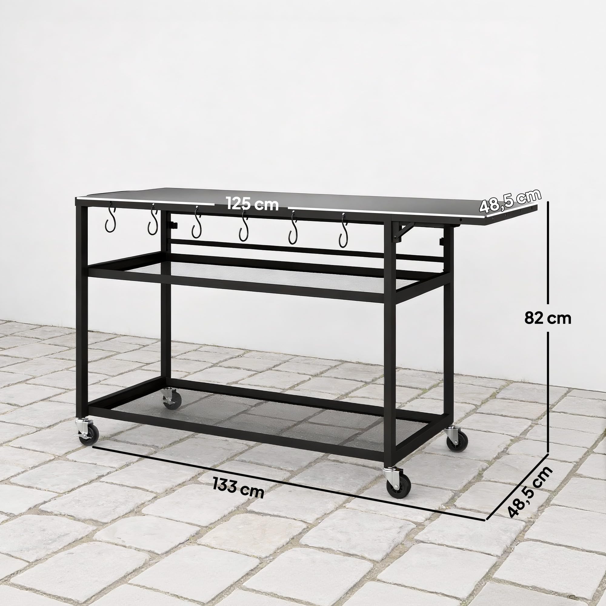 Outsunny - Carro de barbacoa con ruedas, isla de cocina con bandeja lateral plegable, tres estantes, ganchos y punzonado, 133 x 48,5 x 82 cm, color negro