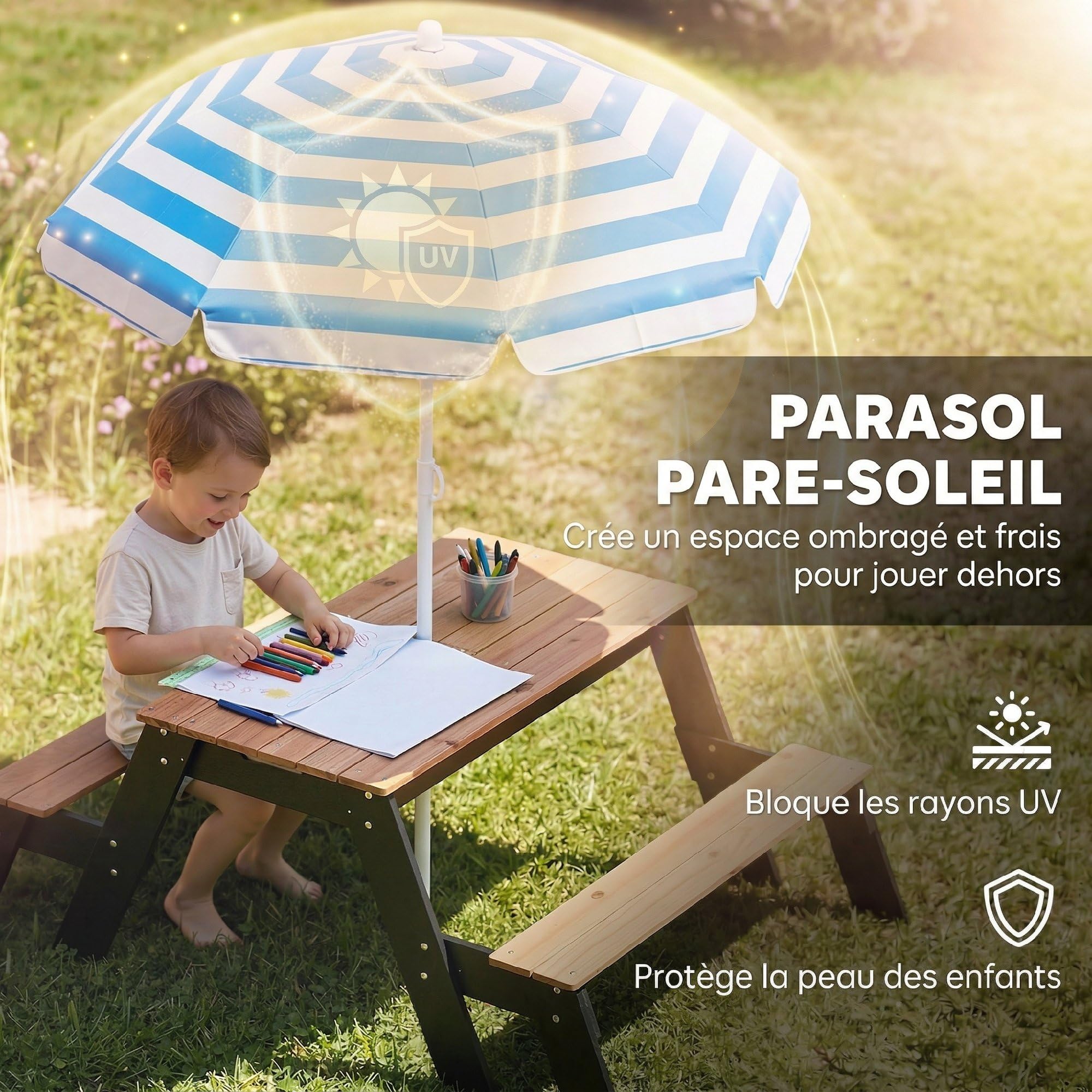 AIYAPLAY Tavolo da picnic per bambini con sabbiera e ombrellone, 3-6 anni | Tavolo 3-in-1 in legno, sabbia e acqua, 2 cassetti nascosti, legno naturale, mobili giardino bambini, patio, giardino