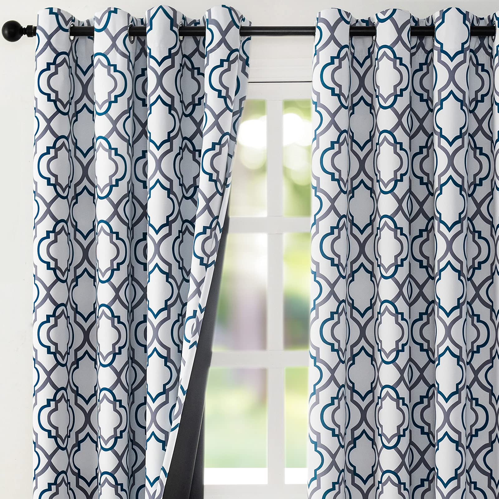 Reepow Full Blackout Thermal Insulated Curtains 63 inch Length, Moroccan Fashion Blackout Grommet Window Curtains for Bedroom Living Room 2 Panels, 52" x 63", Navy Blue and Grey