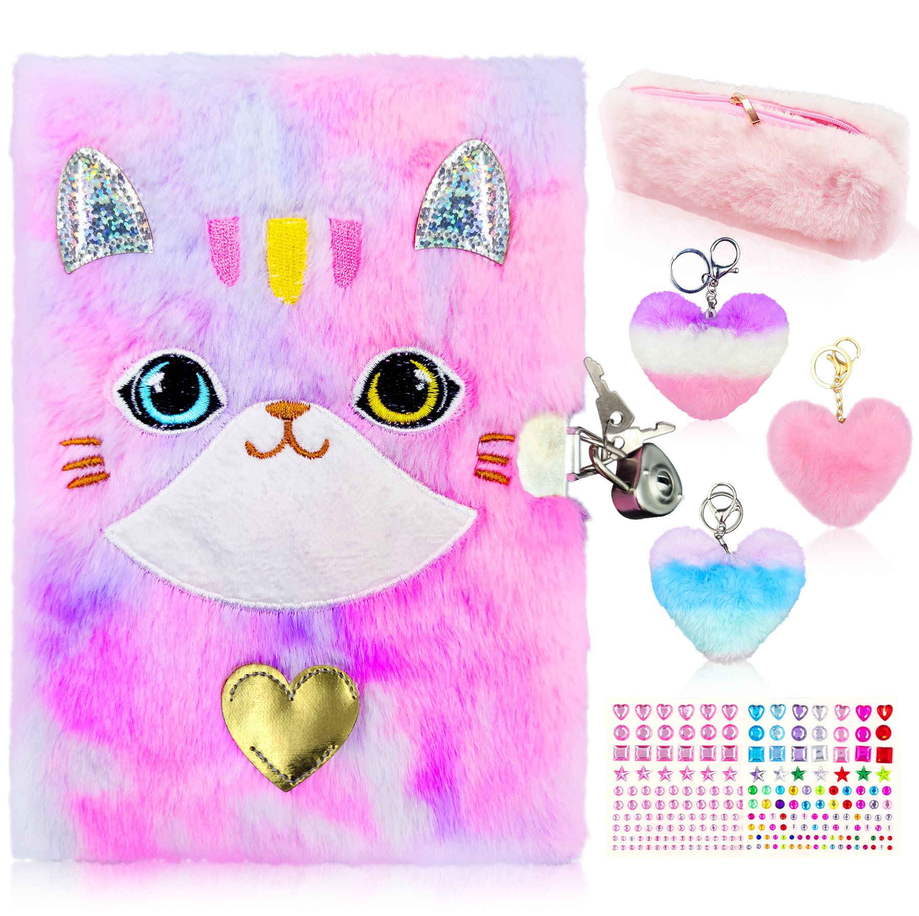 Cat Diary with Lock and Keys for Girls, Cute Plush Kids Secret Diary, Pink Journal Notebook Gift Set Includes Pen Pouch, Heart Keychain, Stickers for Girls Writing and Drawing