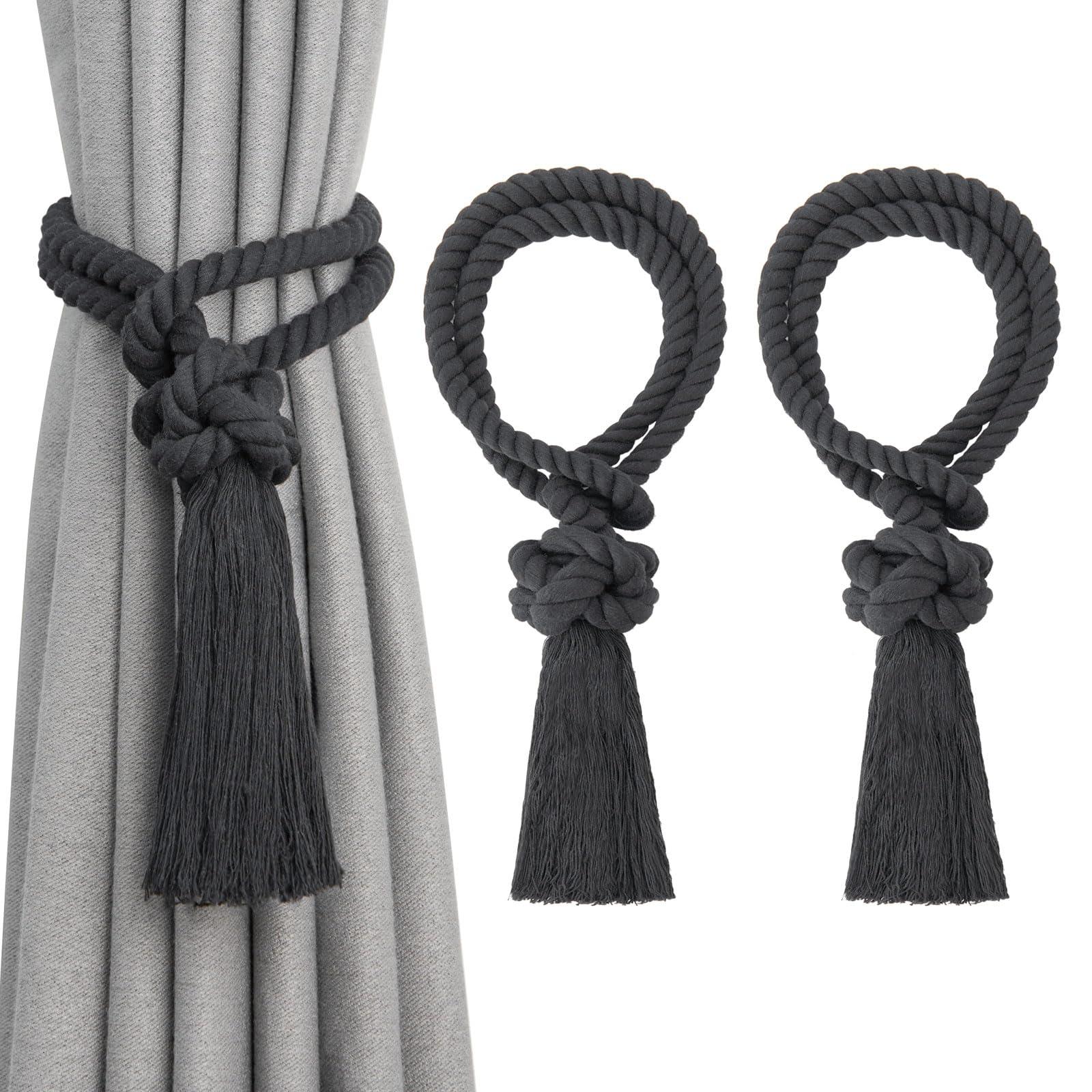 Pretty Jolly 2 Pack Natural Cotton Rope Tassel Curtain Tiebacks Boho Home Decor Drape Tie Backs Hand Woven Ball Curtain Holdbacks for Thin & Thick Home & Office Window Draperies (Dark Grey)