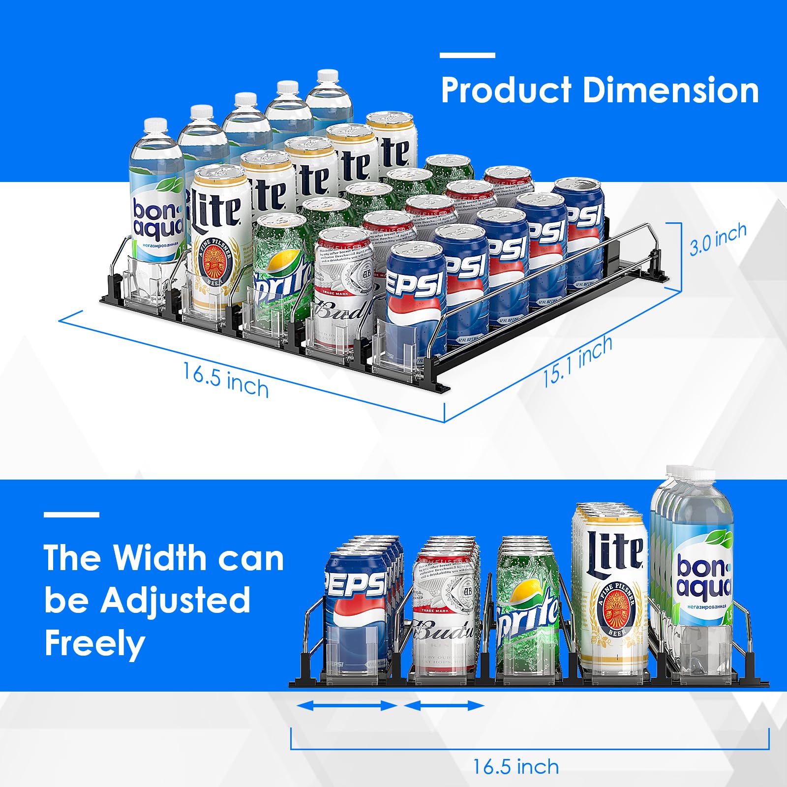 Dobyusf Drink Organizer for Fridge-Soda Can Organizer with Adjustable Self-Pushing Glide-Soda Dispenser for Fridge (5 Row, Black)