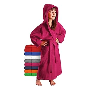 Arus Kinder-Bademantel mit Kapuze für Jungen und Mädchen, 100% Baumwolle Frottee, lang, Marine, 164