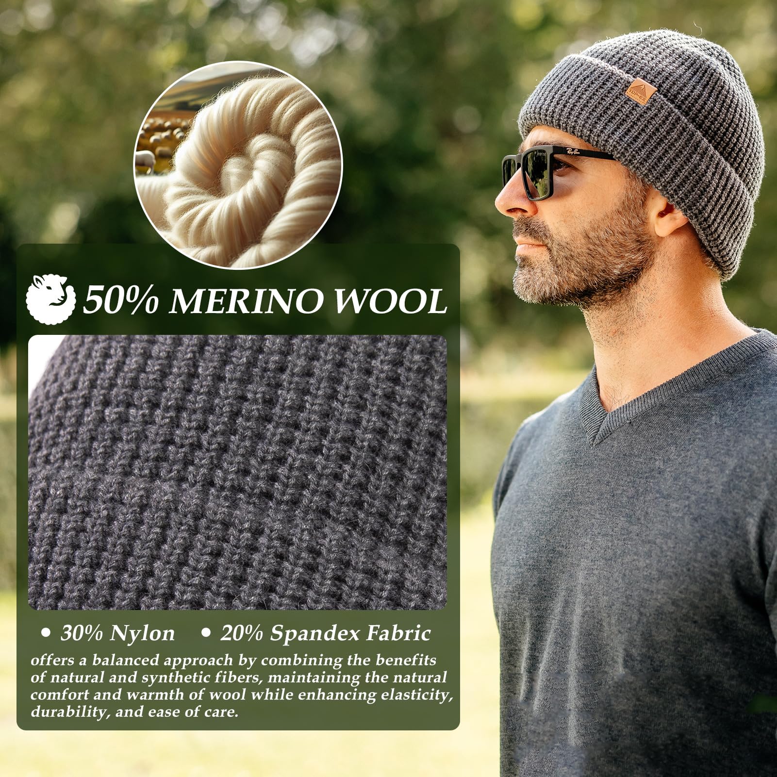 Bonnet gaufré en laine mérinos mélangée L/XL/XXL - Bonnet chaud sans doublure pour temps froid d'hiver