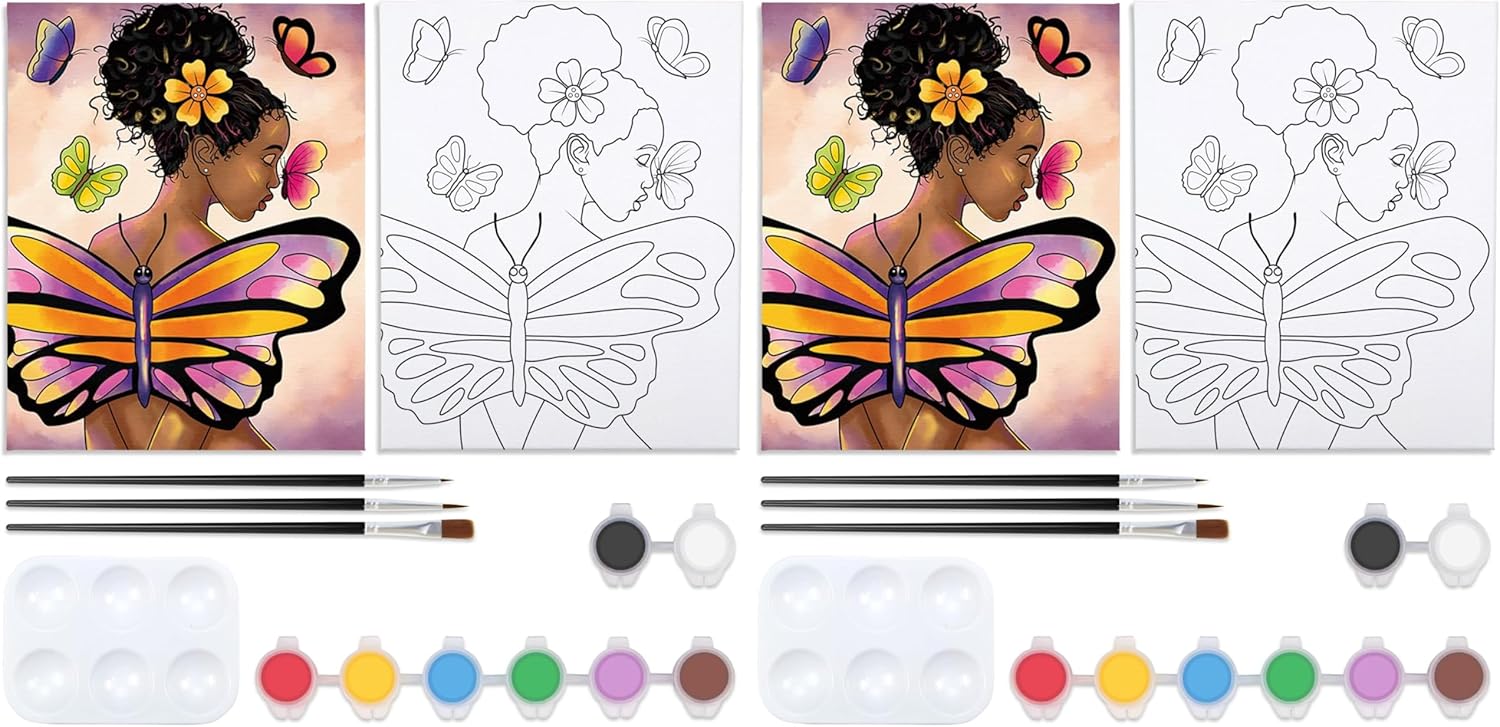 VOCHIC Pre Drawn Canvas for Painting for Adults Paint and Sip Kit Painting Party Supplies 8 Acrylic Colors,3 Brushes,1 Palette Art Set Butterfly Girl 12x16 in (Pack of 2)