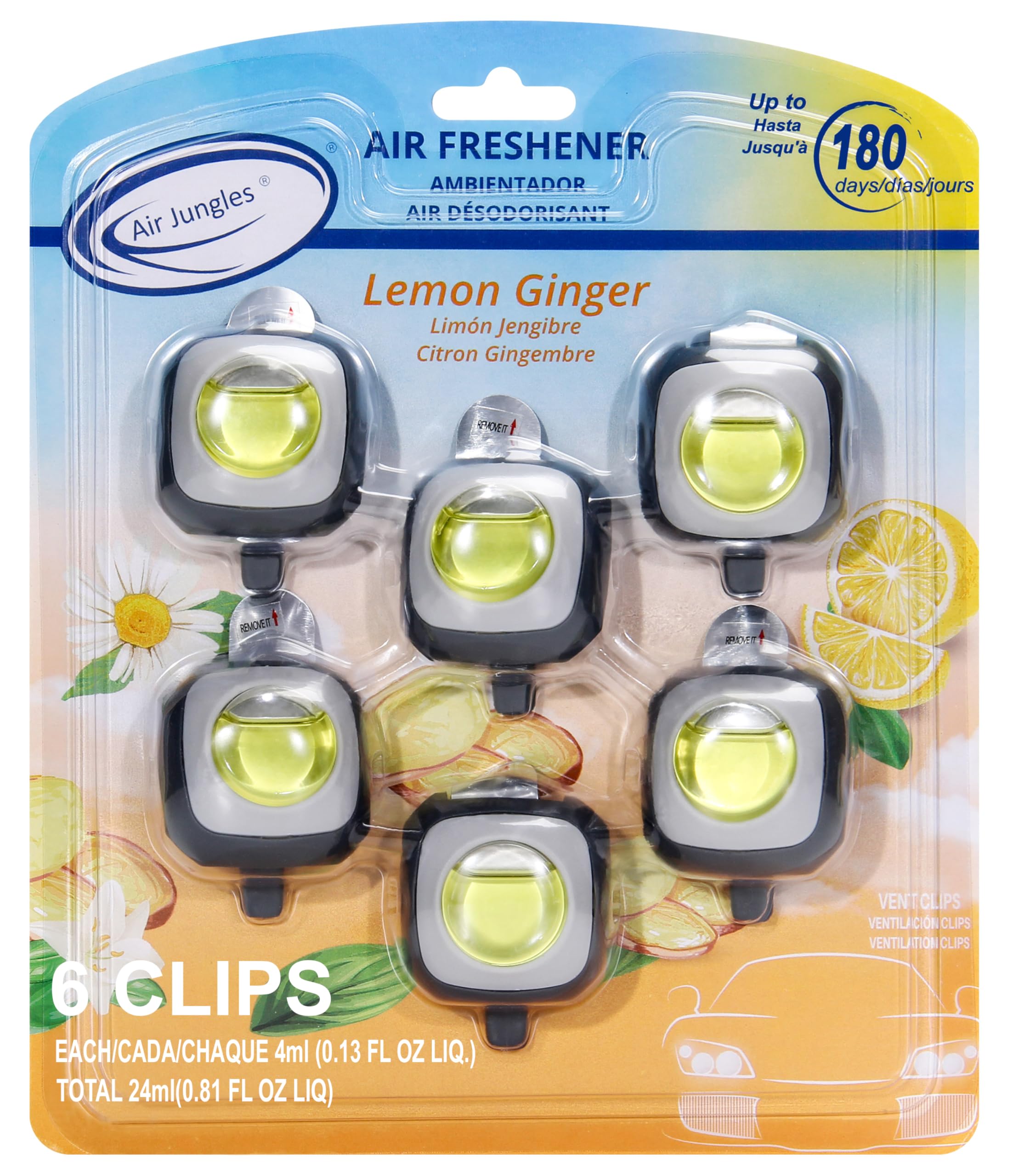 Air Jungles Lemon Ginger Scent Car Air Freshener Clip, 6 Vent Clips, 4ml Each, Long Lasting Air Freshener, Up to 180 Days Car Refresher Odor Eliminator