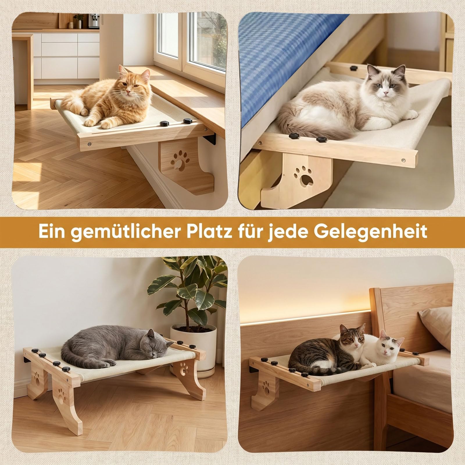 Fensterliege für Katzen – Hängende Katzenliege mit Klettverschluss, Größe 55 x 38 cm, Robuste Holzhängematte für Heizkörper und Fensterbank, verstellbar zum Aufhängen und Aufstellen auf dem Boden