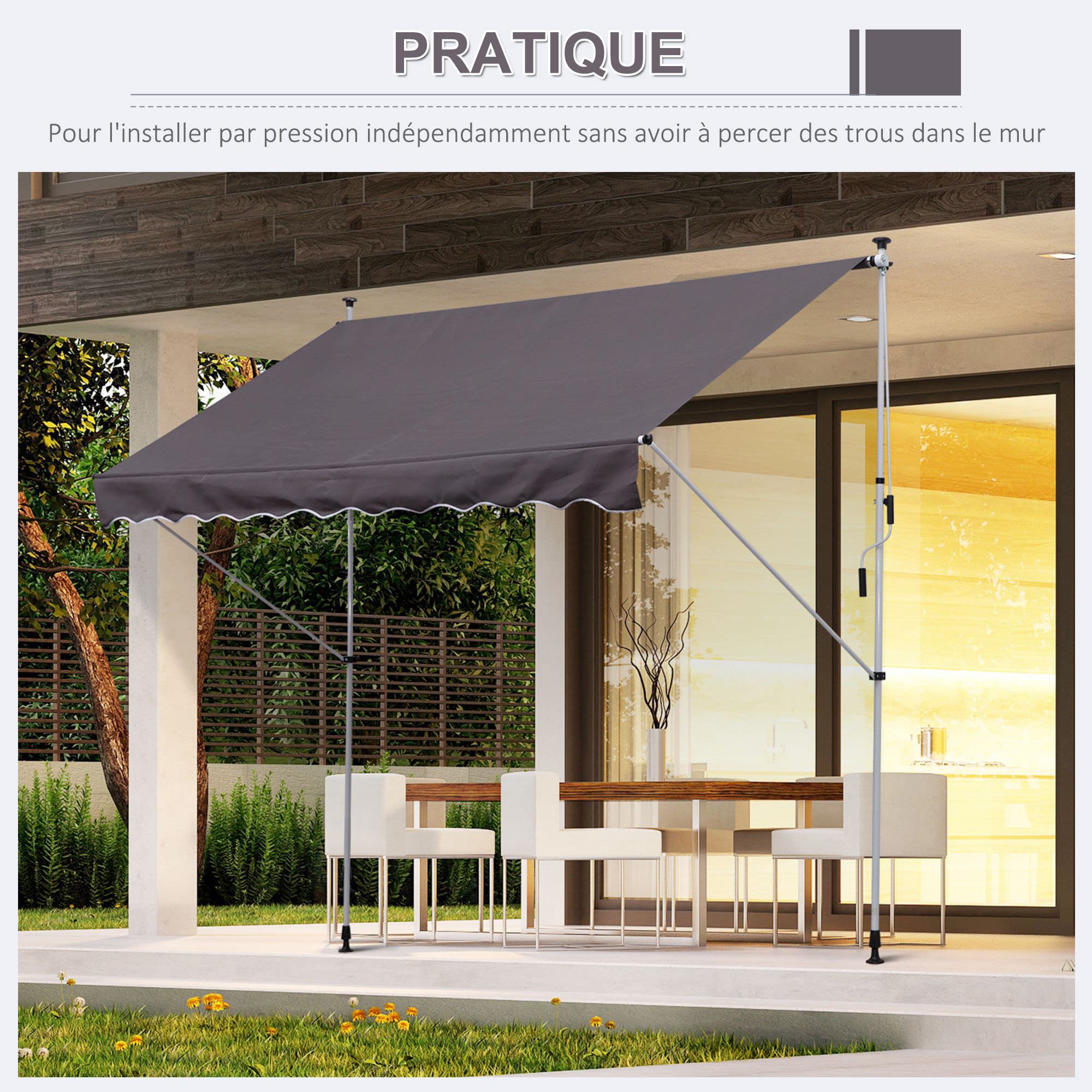 Outsunny Store banne Manuel rétractable 3L x 1,5l m Auvent Téléscopique sans Perçage Inclinaison et Hauteur réglable Installation Rapide métal alu Polyester Anti-UV Gris
