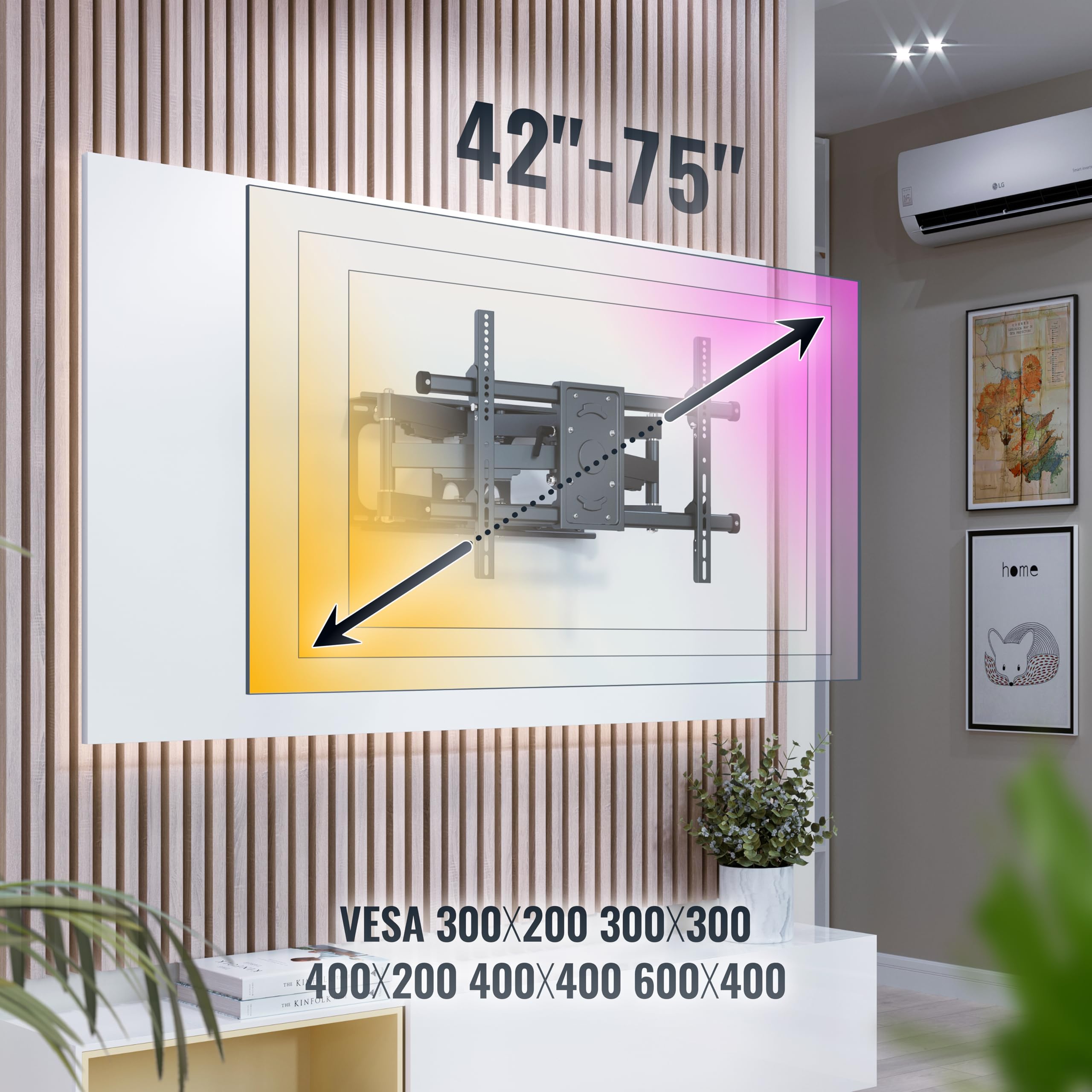 RICOO Uchwyt ścienny do telewizora, wychylny, do telewizorów 42-75 cali, uniwersalny uchwyt TV S4964, uchwyt ścienny na ścianę, uchwyt ścienny do telewizora 65 cali do 60 kg z maks. VESA 600 x 400 mm