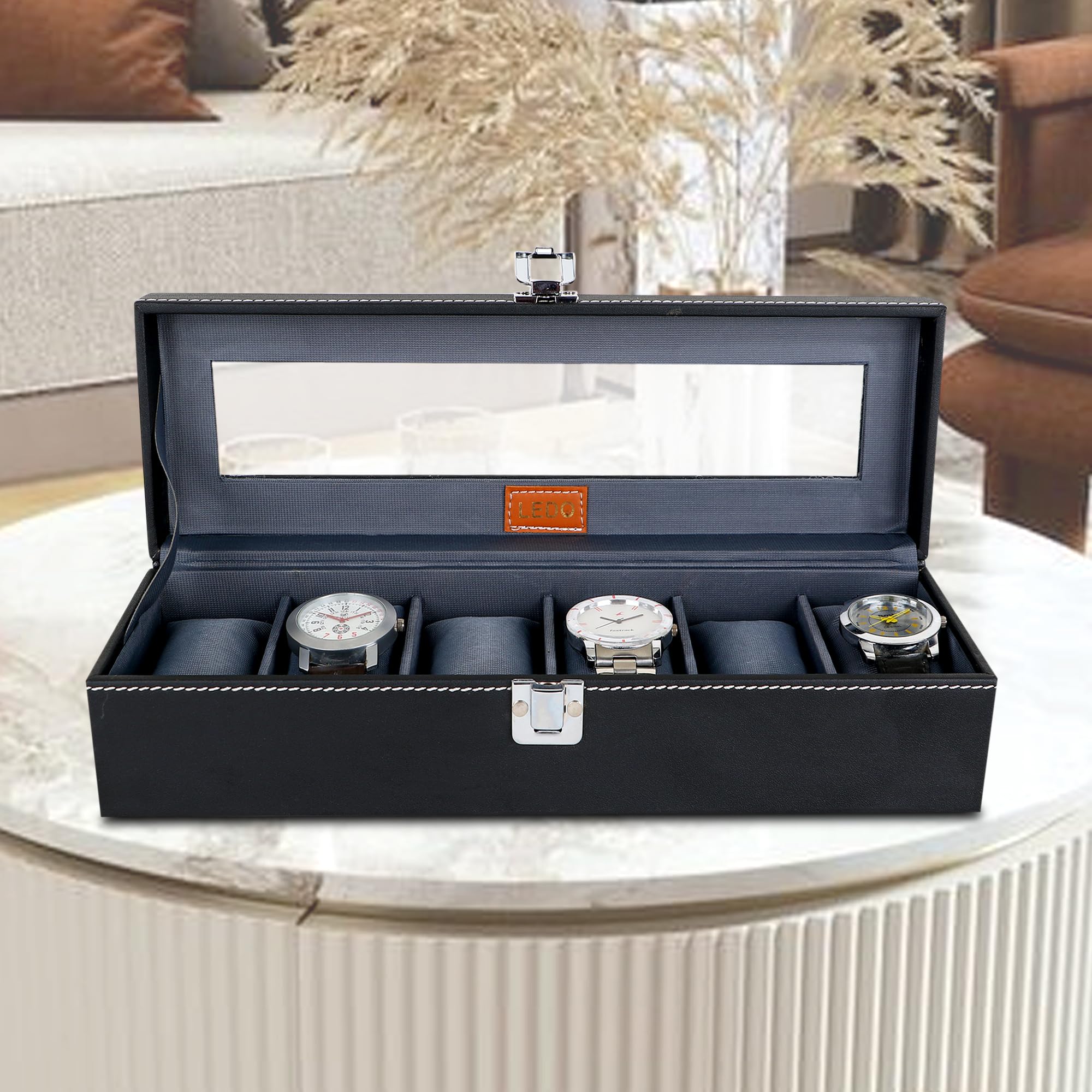 LEDO Watch Box Holder Organizer Case in 6 slots of Watches with Transparent Look Black & Gray color Velvet