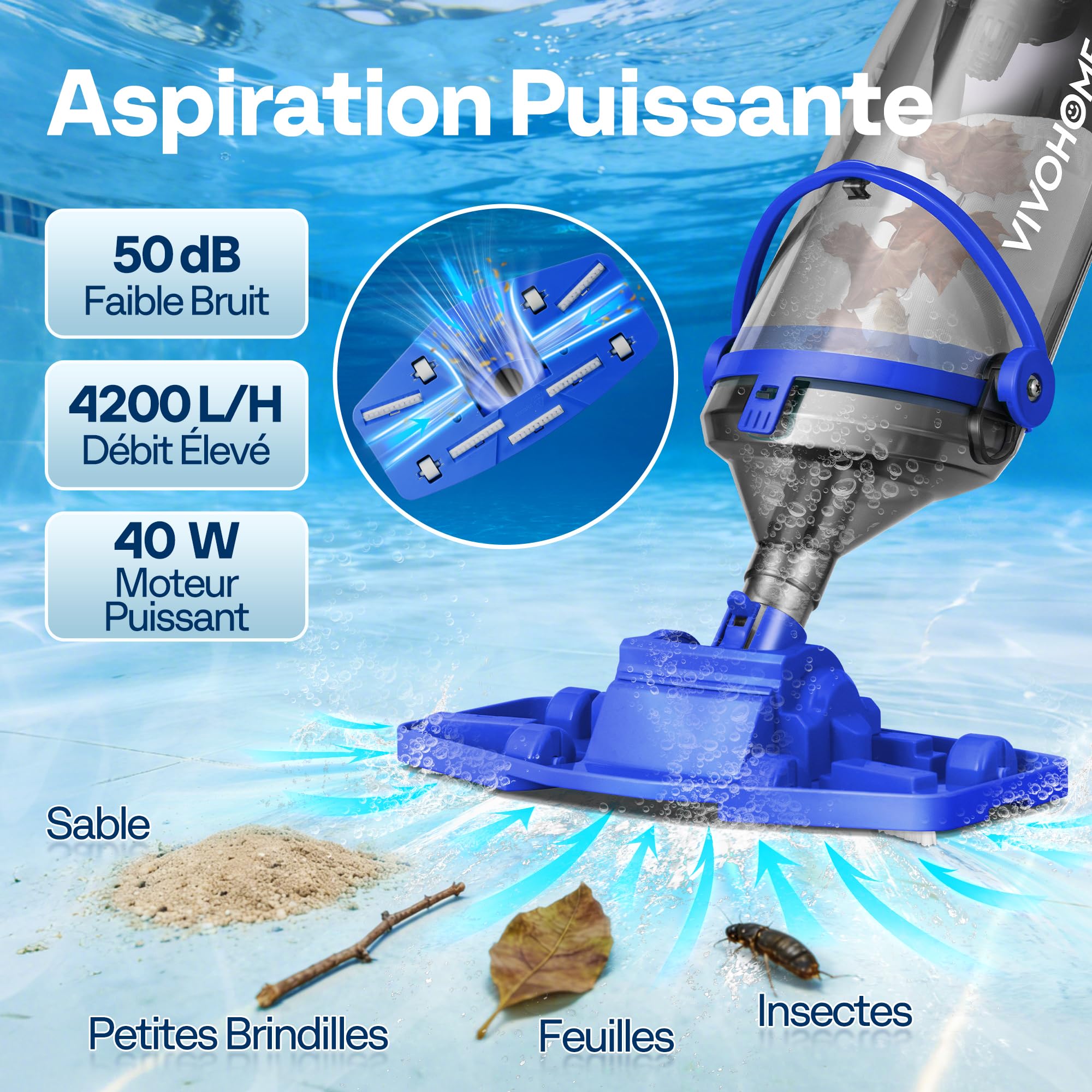 VIVOHOME Aspirateur de Piscine sans Fil 4200LPH avec Perche Télescopique 213cm, Nettoyeur de Piscine Portable avec 4 Sacs Filtrants, Autonomie jusqu'à 60 Minutes, pour Piscines et Spas