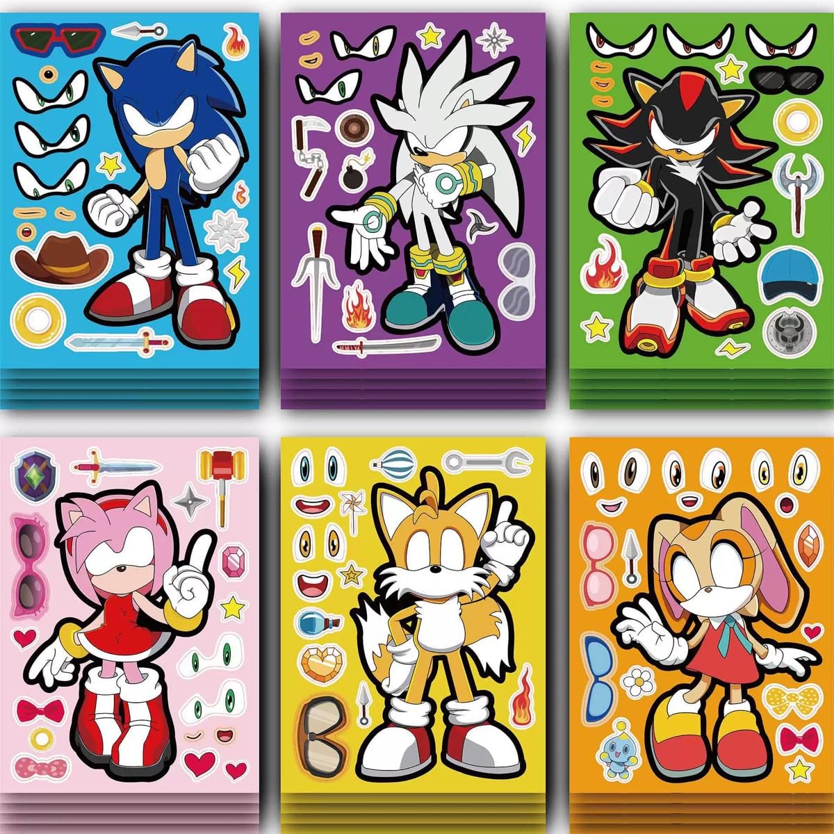 24 Pcs Sonic Face Stickers Sheets for Kids Party Bags, Make Your Own Stickers Characters DIY Stickers for Party Favor Supplies Craft