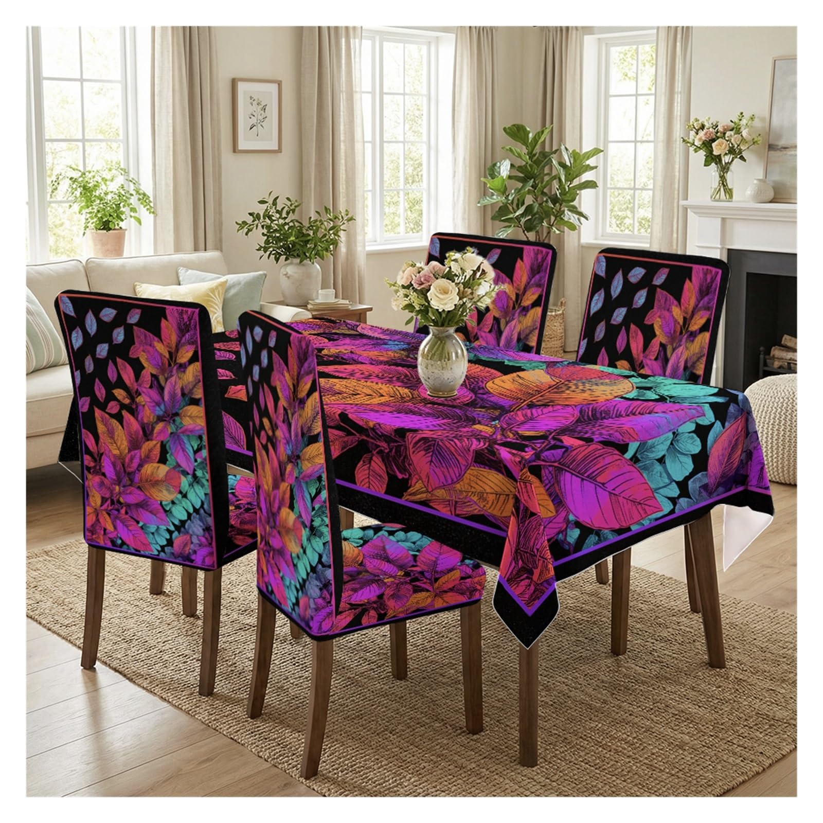 BOSUYBN Vibrant Floral Dining Set Covers, 5/7 Piece Tablecloth With Matching Chair Slipcovers In Bold Colors For A Bold Dining Experience Table Setting(5pcs Set: Tablecloth+Chair Covers)