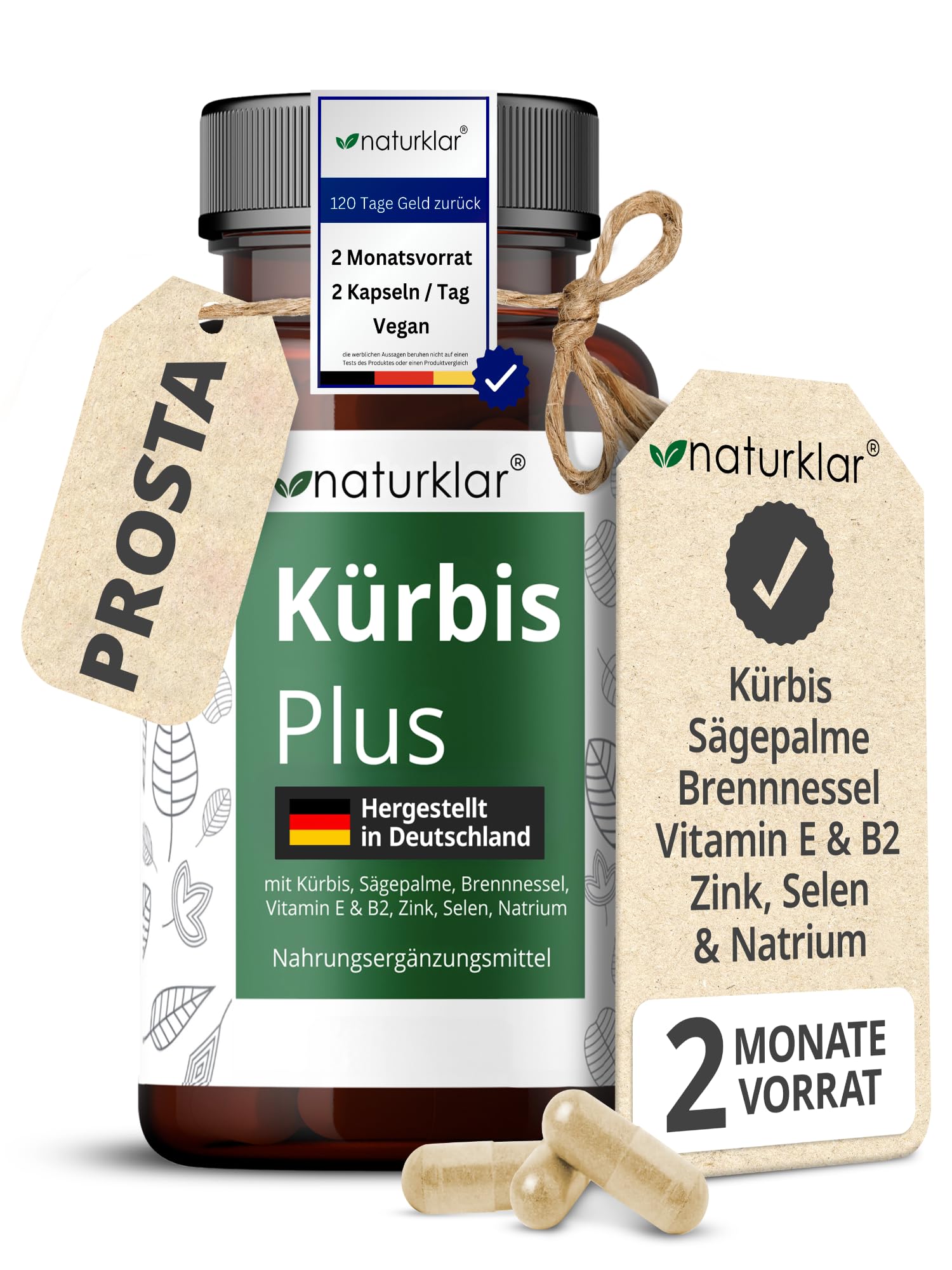 Sägepalmenextrakt & Kürbiskernextrakt - 8 Fach Kombi mit Brennnesselextrakt, Vitamin E, Zink, Selen & Natrium - Vegan - 120 Kürbiskern-Kapseln hochdosiert Naturklar