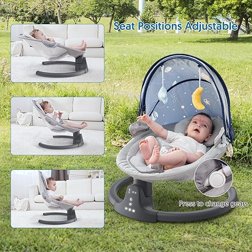 Miniatura 4 de Columpio de bebé Bluetooth para bebés, columpio compacto y portátil, 3 posiciones de asiento, 5 velocidades de columpio, 10 música, control remoto,