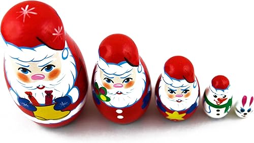 Miniatura 2 de Matryoshka Matreska Babuska - Muñeca de madera de anidación rusa de Feliz Papá Noel Año Nuevo Babouska Matrioska Apilamiento 5 Pcs