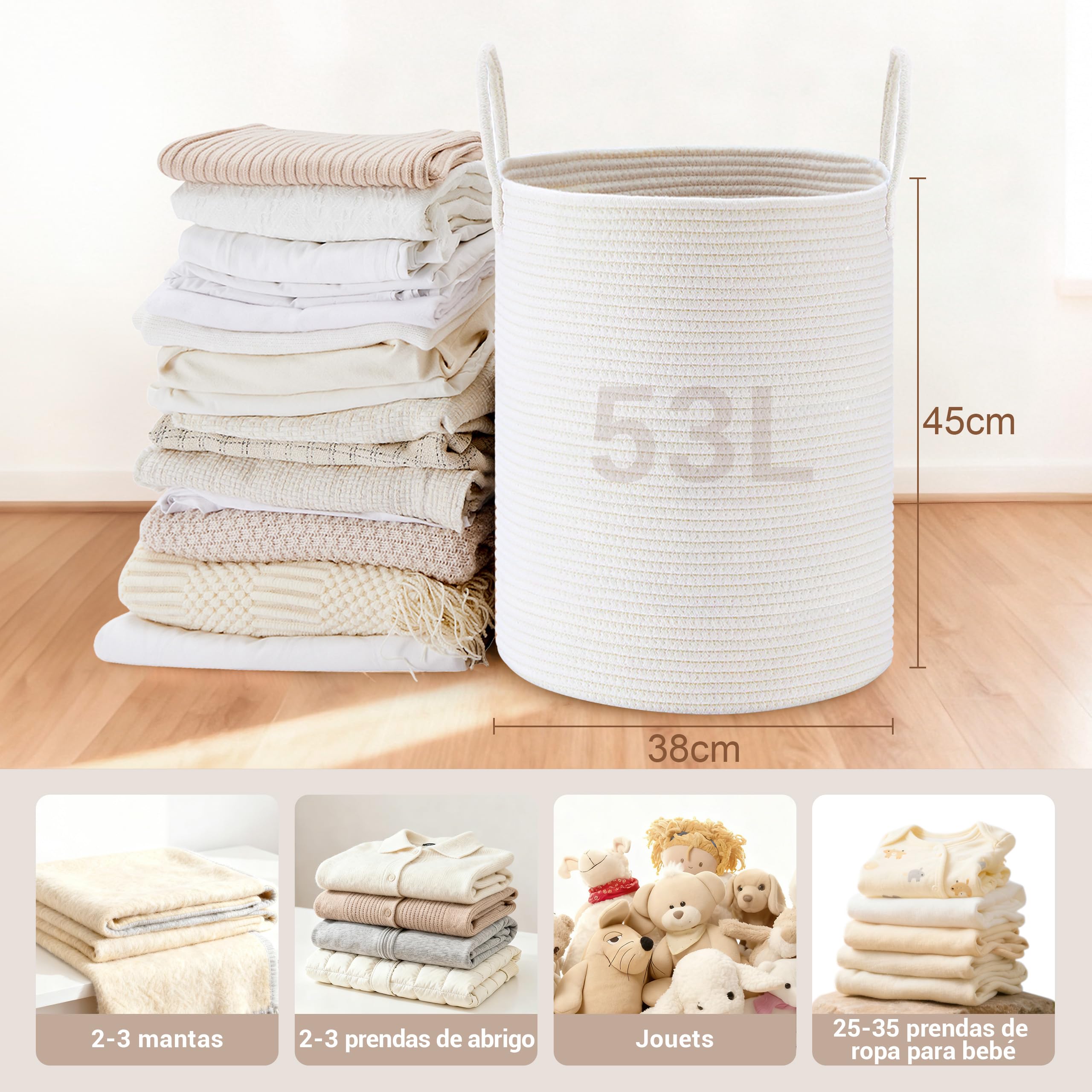Cesto de Ropa Sucia y Cesta de Lavandería 38x45cm - Pequeña Cesta Plegable de Almacenamiento con Asa, Apta para Almacenar Ropa, Juguetes y Mantas - 53L Blanco