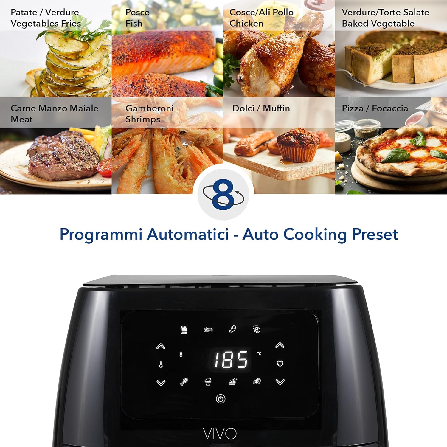 Friggitrice ad Aria Calda 6,5 Litri, Air Fryer con 8 Programmi, Display Touch, Tempo Cottura e Temperatura Regolabili, senza BPA e PFOA, 1700W Friggitrice ad Aria Calda 6,5 Litri, Air Fryer con 8 Programmi, Display Touch, Tempo Cottura e Temperatura Regolabili, senza BPA e PFOA, 1700W
