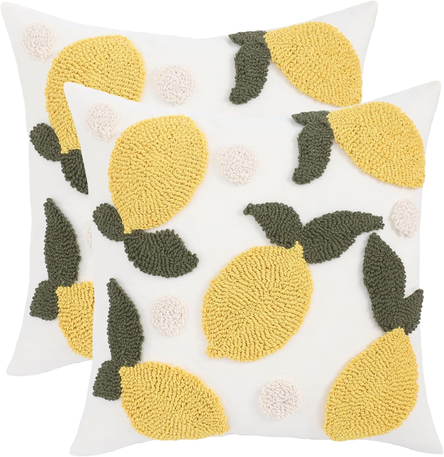 Embroidered Throw Pillow Covers 18x18 Pack of 2 Yellow Lemon Pillow Cushion Cases Farmhouse Decor Square Tufted Pillowcases for Spring Summer Sofa Couch Bedroom