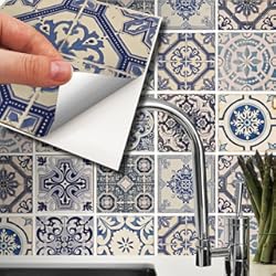 Adhesivo De Azulejo Walplus Adhesivos Para Azulejos Vinilo Adhesivo Estampado Losetas Adhesivas Pared Cocina Decoracion Protector No Tóxicos Fácilmente Extraíble Malaga Spanish Blue 24Pcs 15Cm(6") Multicolor