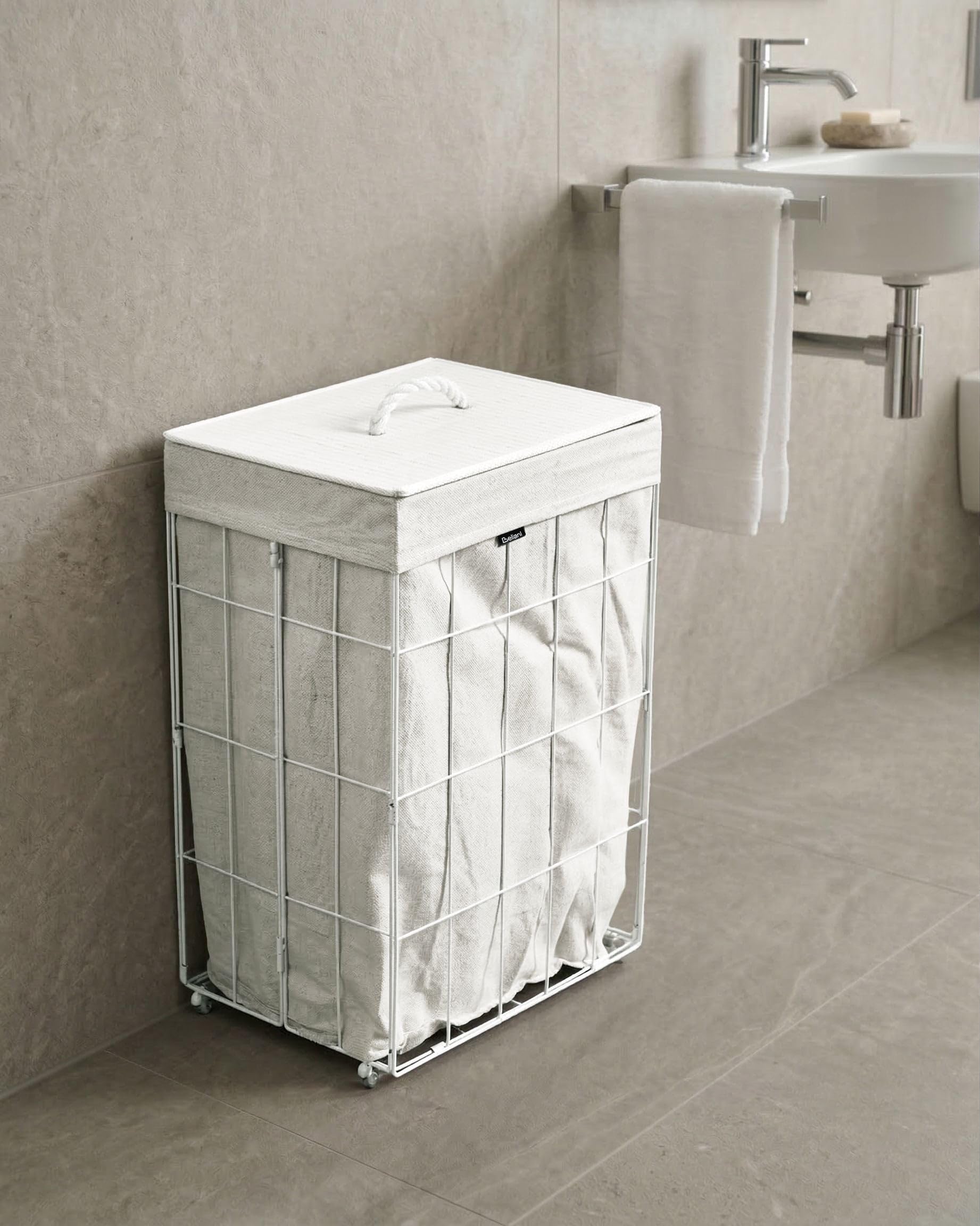 Cesto portabiancheria pieghevole con coperchio in bambù struttura in metallo e rivestimento in tessuto 72 l bianco per bagno