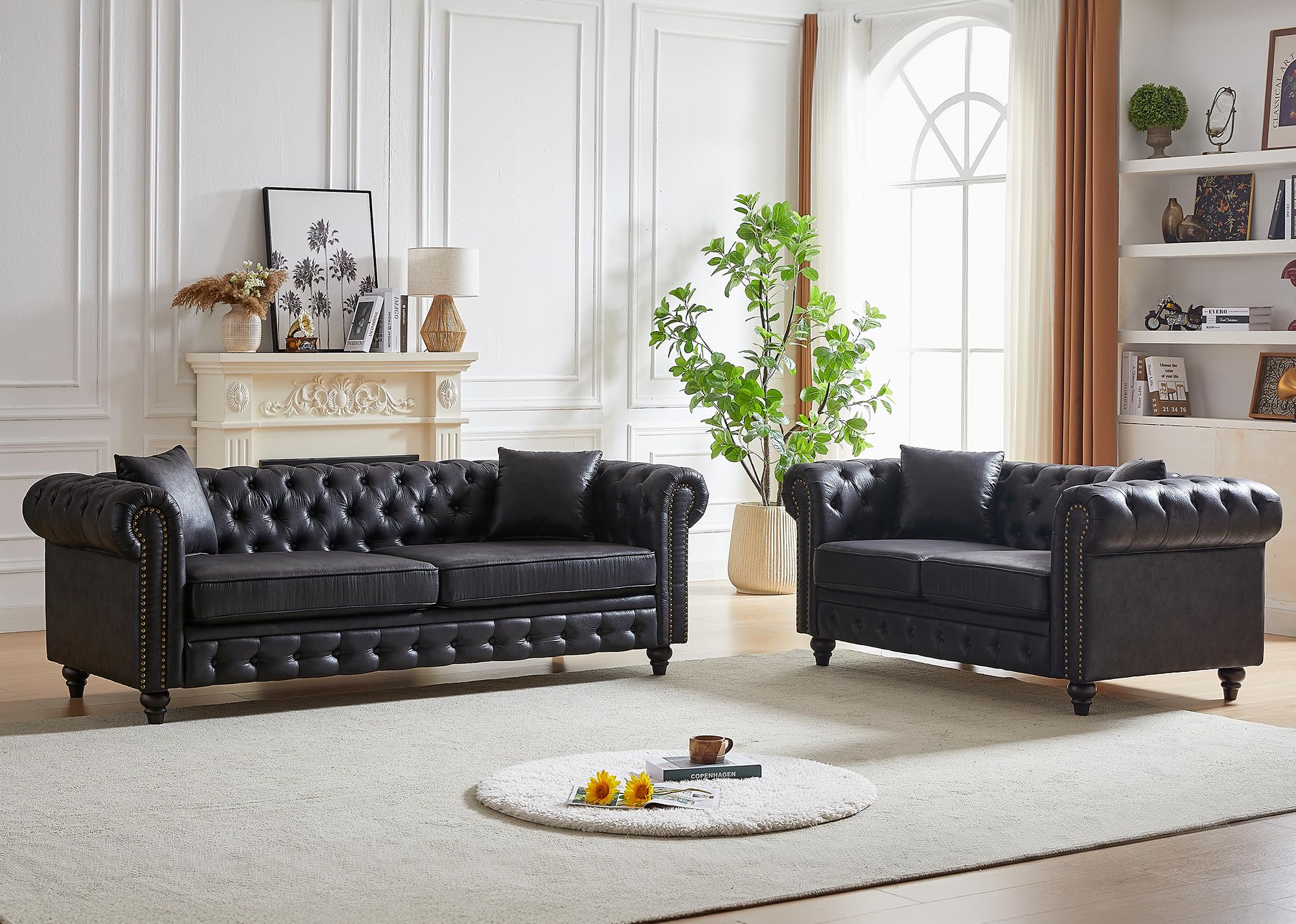 2 Piece Living Room Sofa Set,High-tech Fabric Button Tufted Couch and Loveseat Set with Nailhead Trim&Roll Armrests,Mid Century Modern Chesterfield