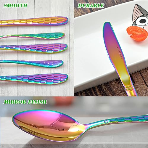 Miniatura 6 de Juego de cubiertos martillados de 20 piezas, juego de cubiertos coloridos de acero inoxidable 1810, juego de cubiertos para 4, juego de utensilios